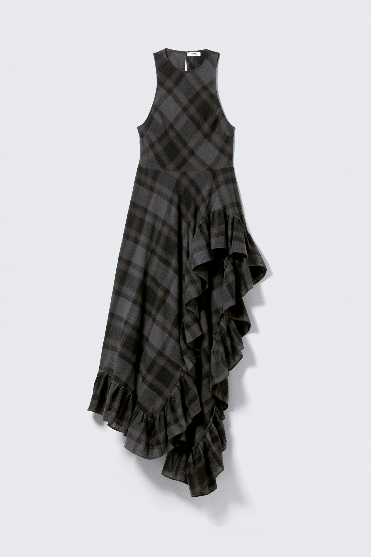 Ärmelloses asymmetrisches Maxikleid mit Rüschen - Dunkelgrau kariert - 2