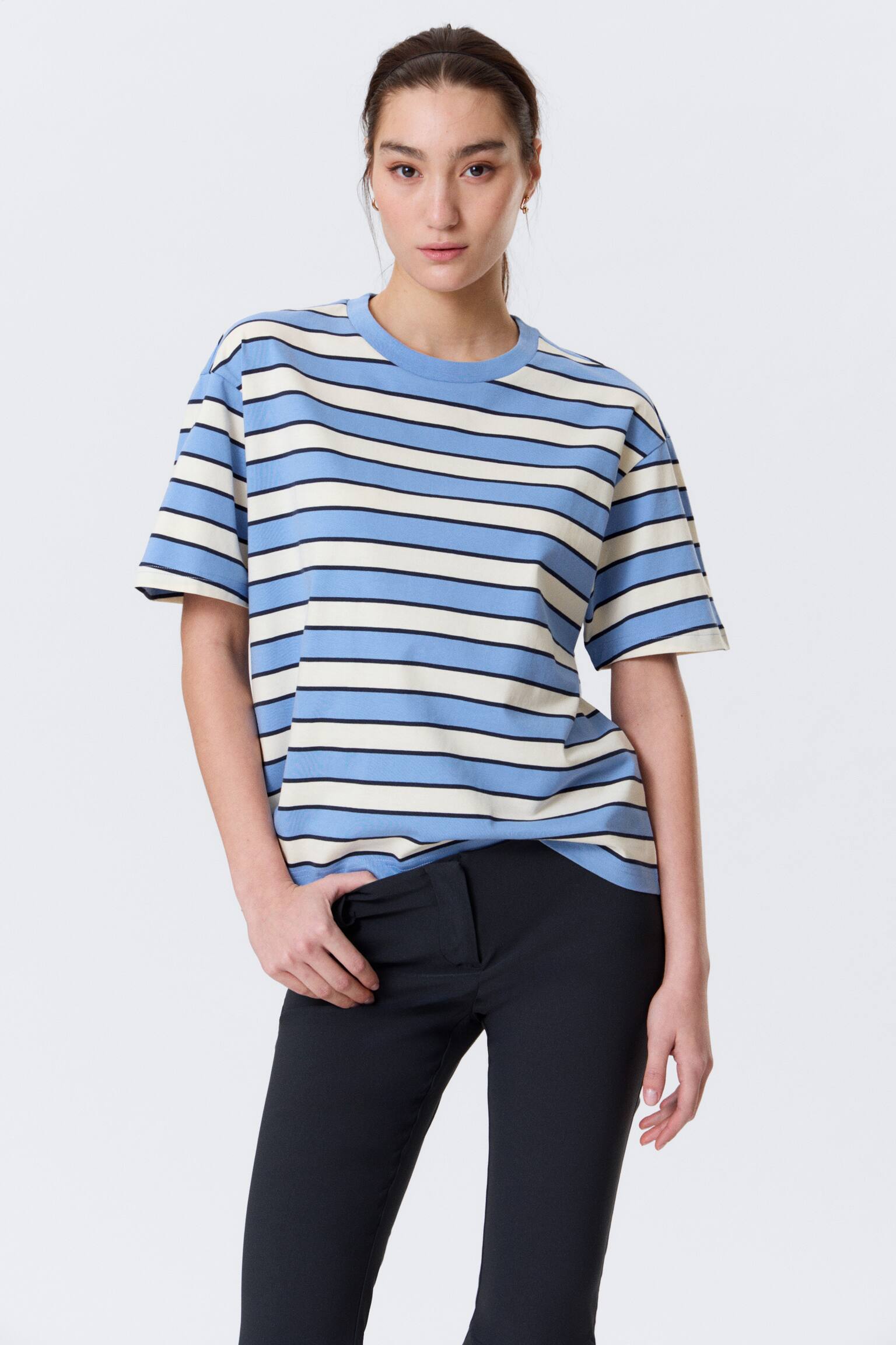 T-shirt boxy en coton - Rayures bleu et blanc/Rayures noires et blanches/Beige Clair - Rayure Lilas - 5