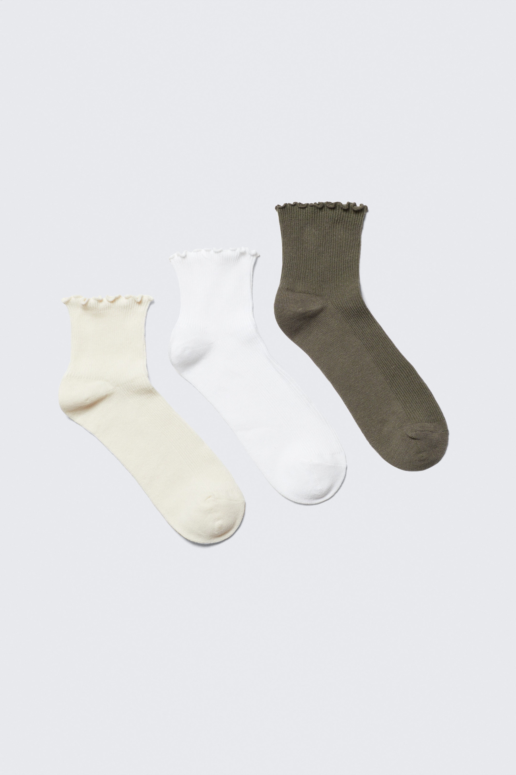 Light Beige/White/Khaki Green - 3-pack Frill Edge Ankle Socks