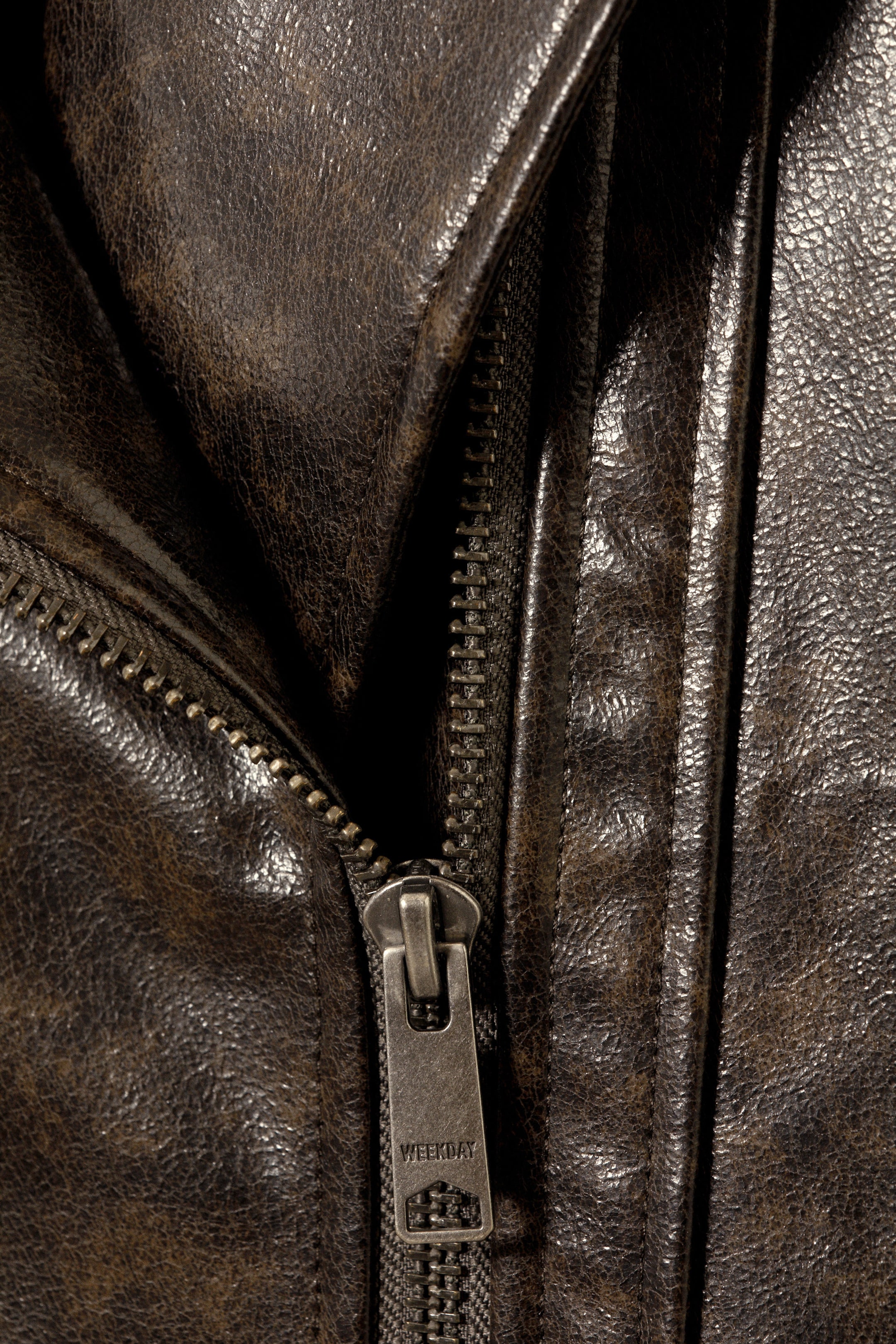 Dark Brown - Oversized Faux Leather Biker Jacket - 1