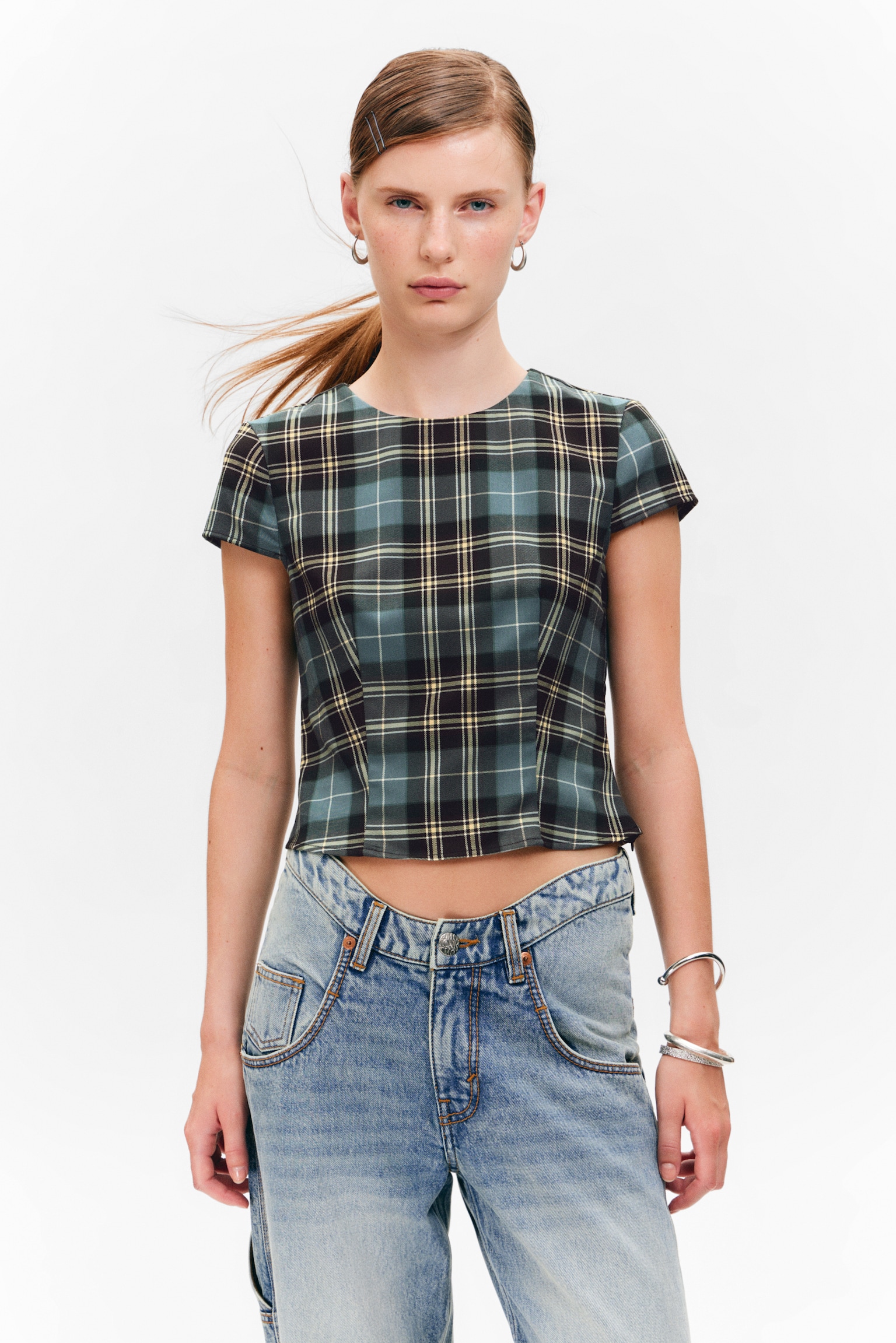 Fitted Short-Sleeved Twill Top - Turquoise & Yellow Checks - 4