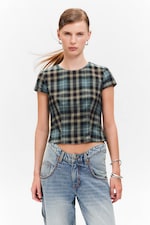 Türkis & Gelb kariert - Figurbetontes Kurzarm-Top aus Twill - 1