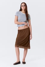 Dark Brown - Mid Rise Satin Lace Midi Skirt - 0
