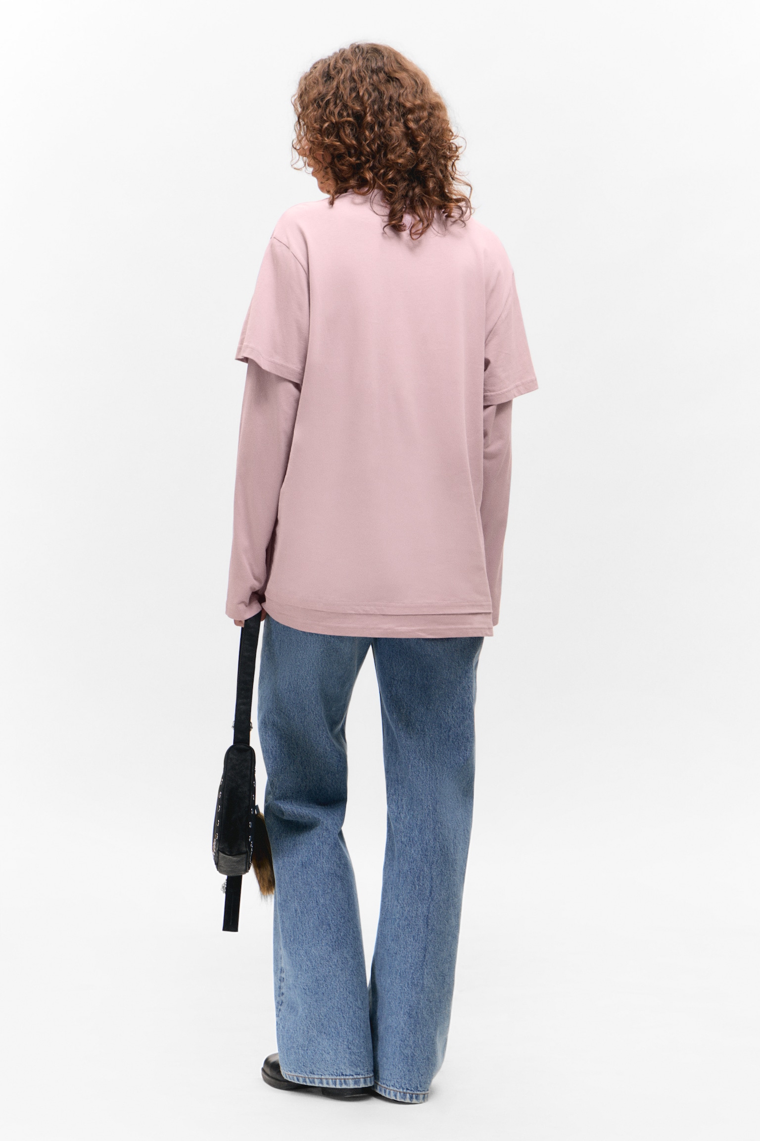 Layered Long-Sleeved Cotton T-shirt - Light Dusty Pink/Bright Red - 4