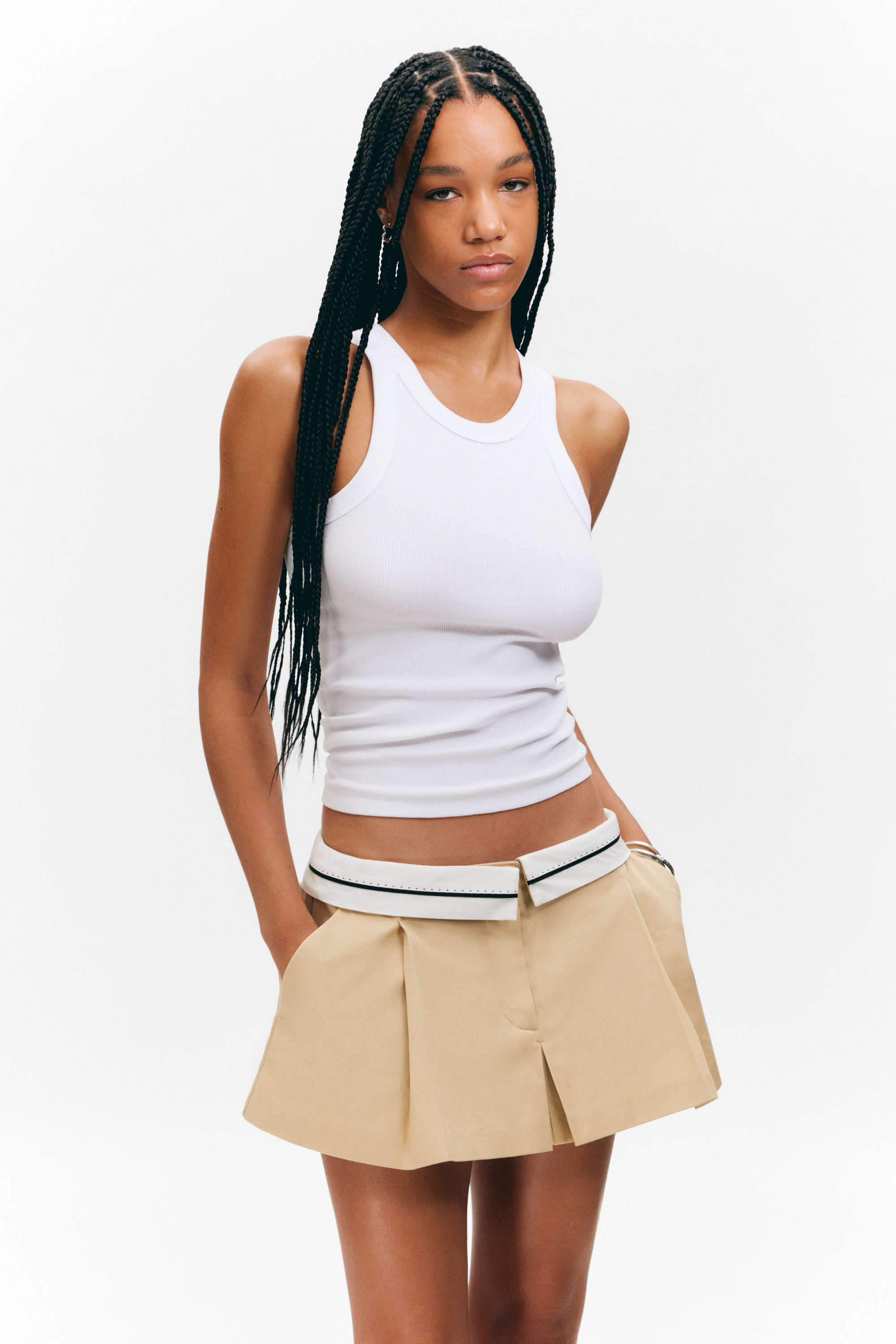 Beige - Folded Waist Pleated Mini Skirt - 2