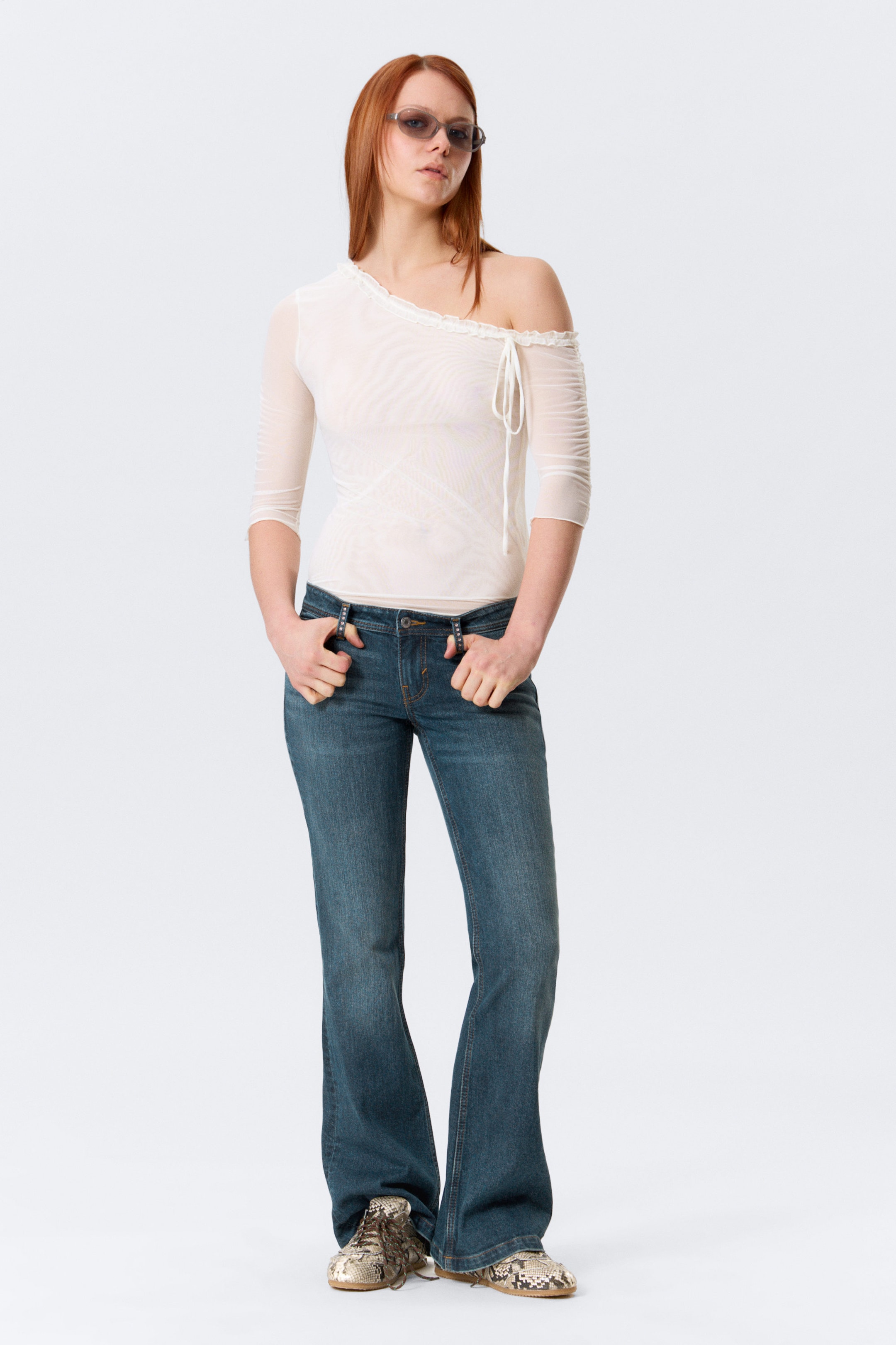 White - Asymmetric Off-Shoulder Three-Quarter Sleeve Top - 2