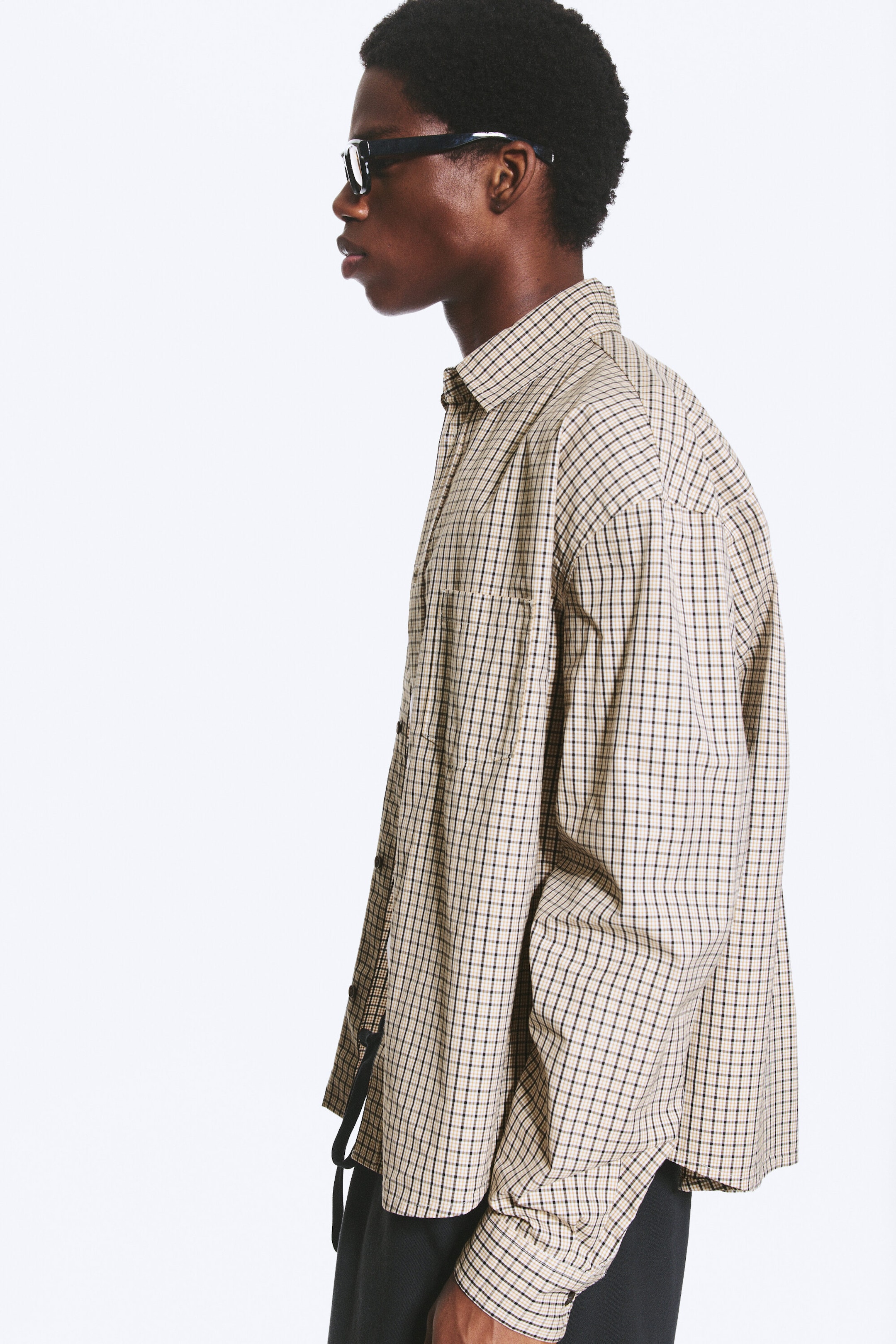 Beige Check - Boxy Long-Sleeved Cotton Poplin Shirt - 2