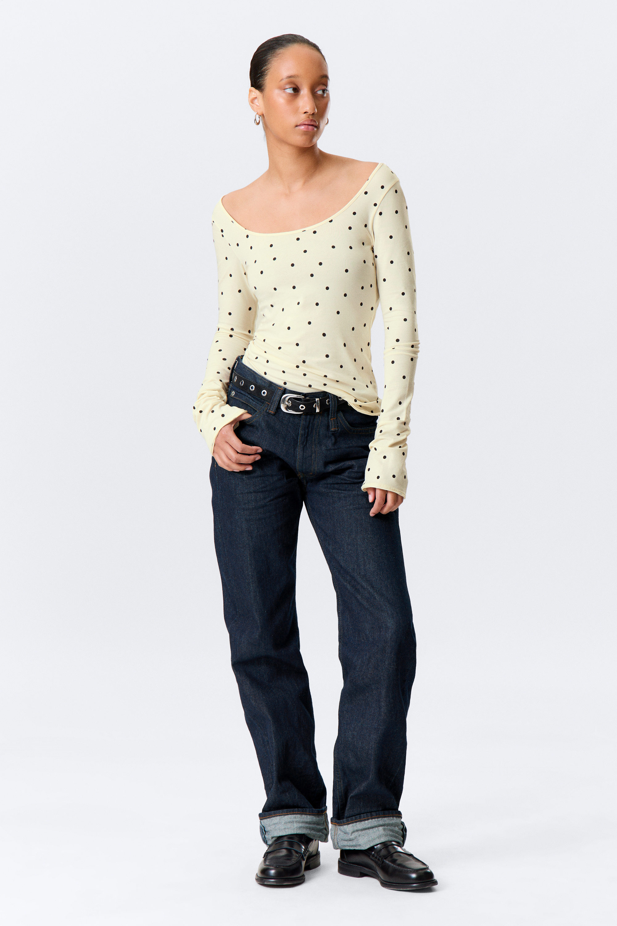 Light Yellow - Dots - Long-Sleeved Slim Fit Scoop Neck Top - 1