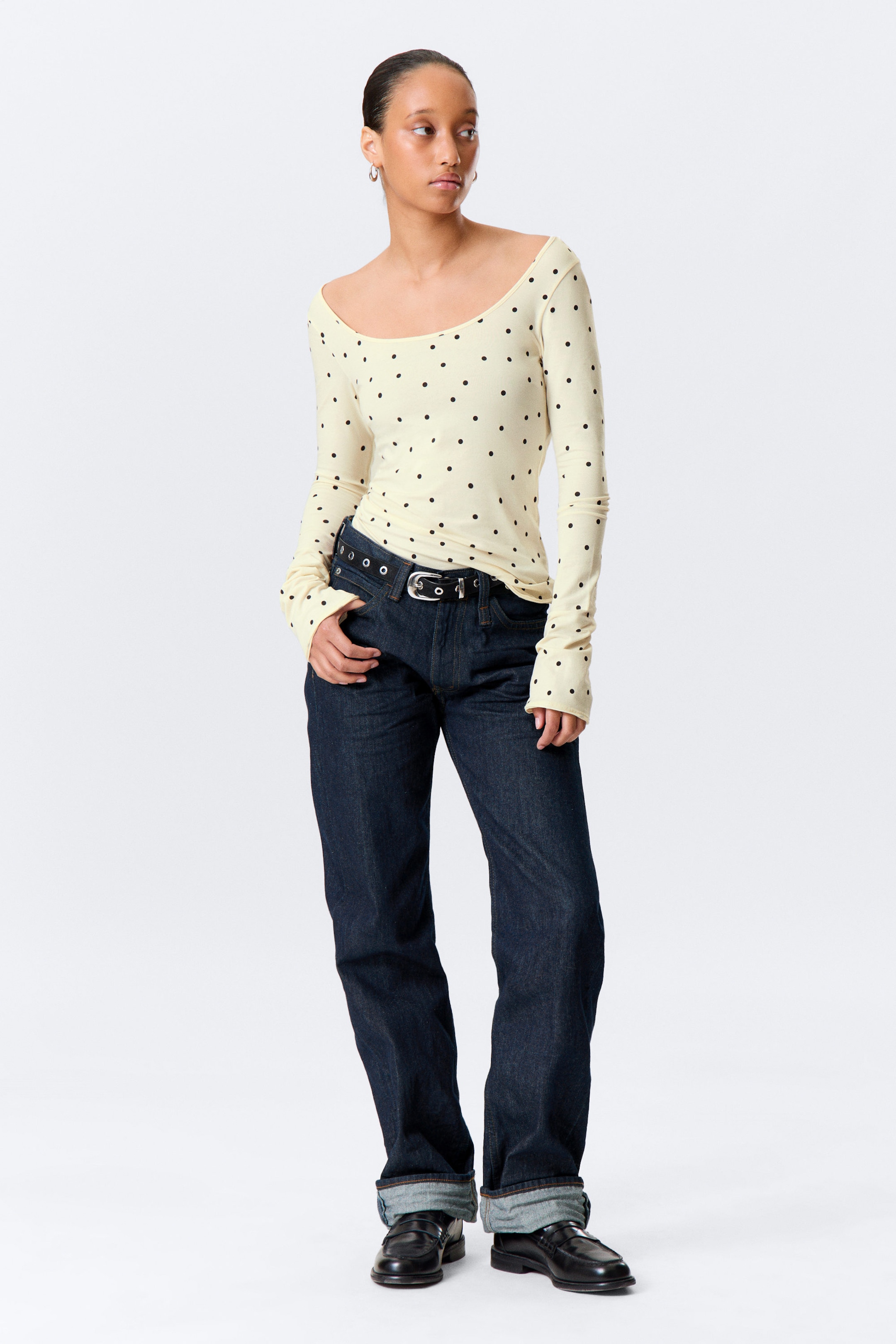 Light Yellow - Dots - Long-Sleeved Slim Fit Scoop Neck Top - 1