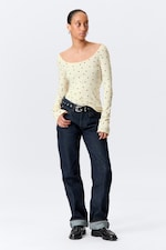 Light Yellow - Dots - Long-Sleeved Slim Fit Scoop Neck Top - 0