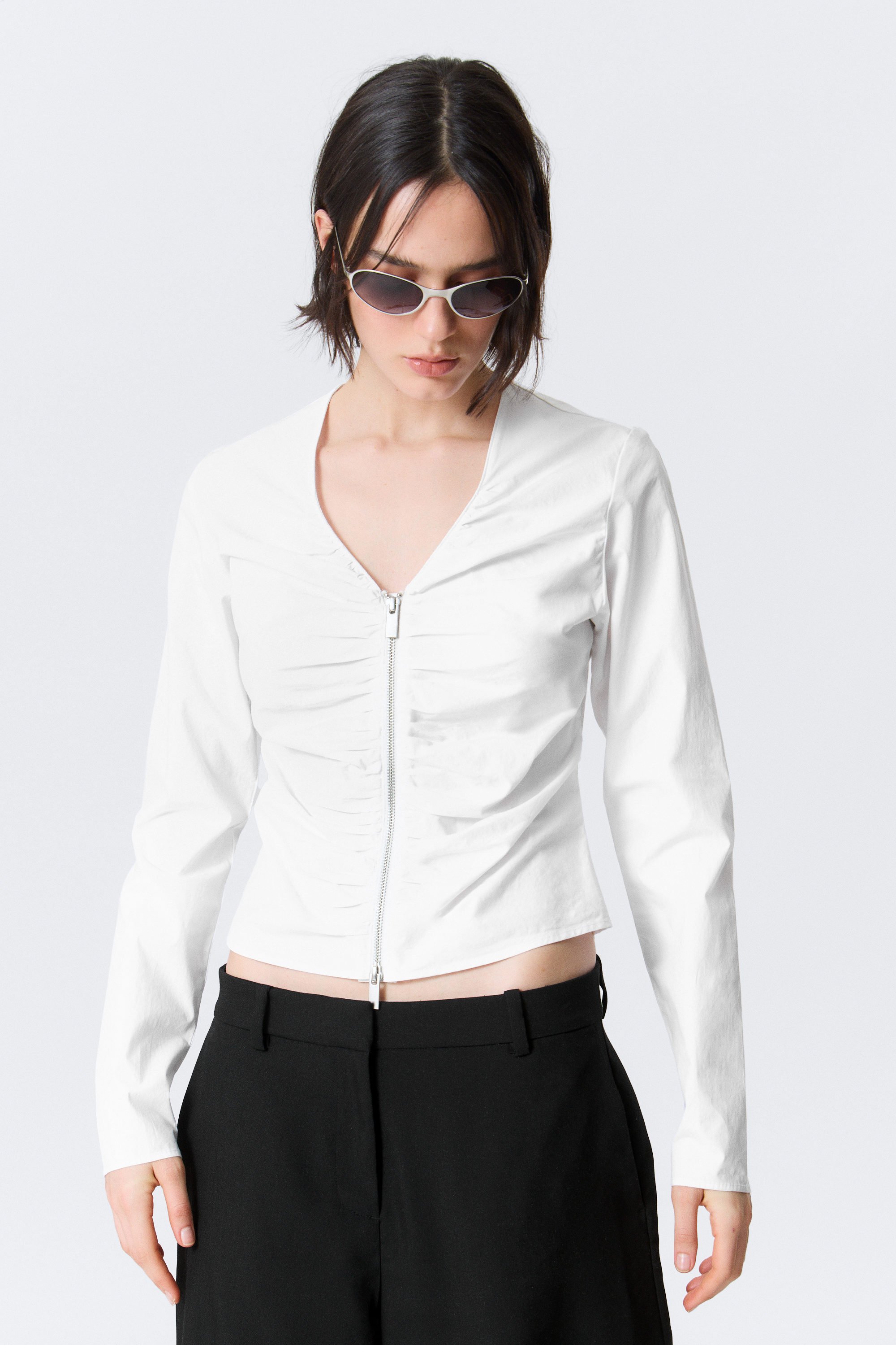 gathered v-neck zip top - White | Weekday EU