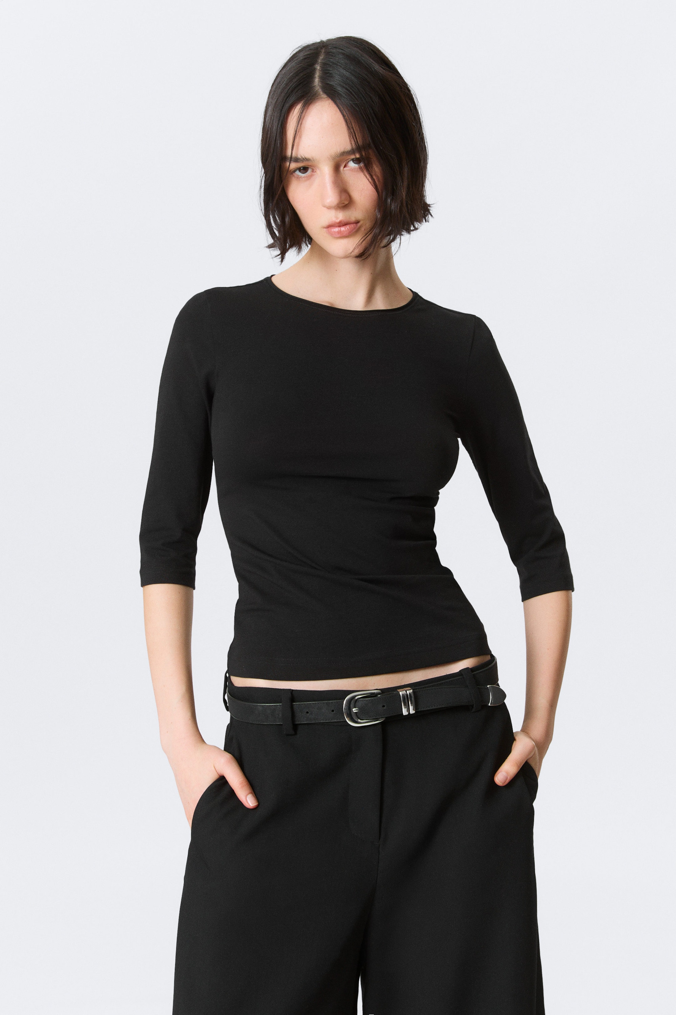 Svart - Fitted Three-Quarter Sleeve Top - 0