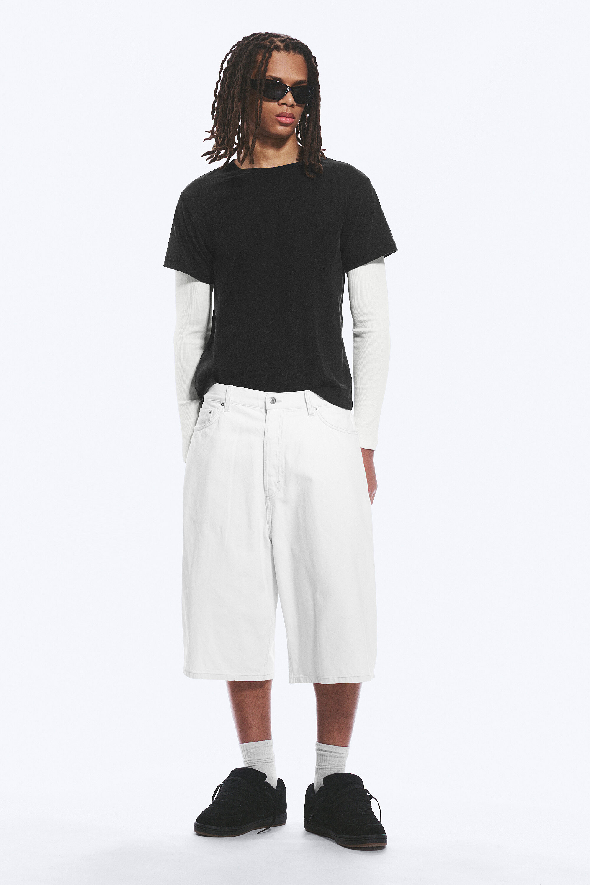 void mid rise loose long denim shorts - Dirty White - White