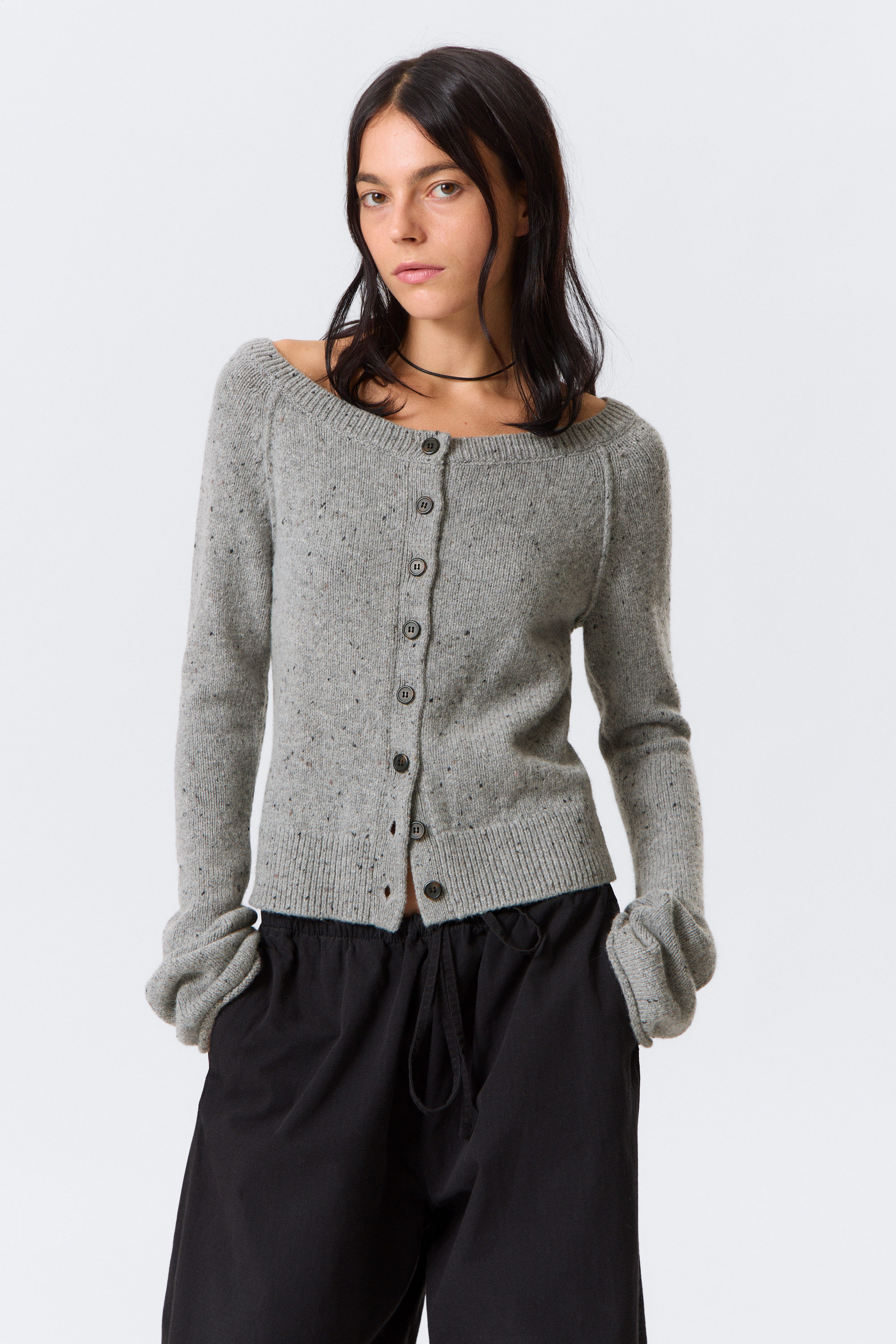 Grau meliert - Strick-Cardigan aus Wollmischung mit Knötchen-Struktur - 2