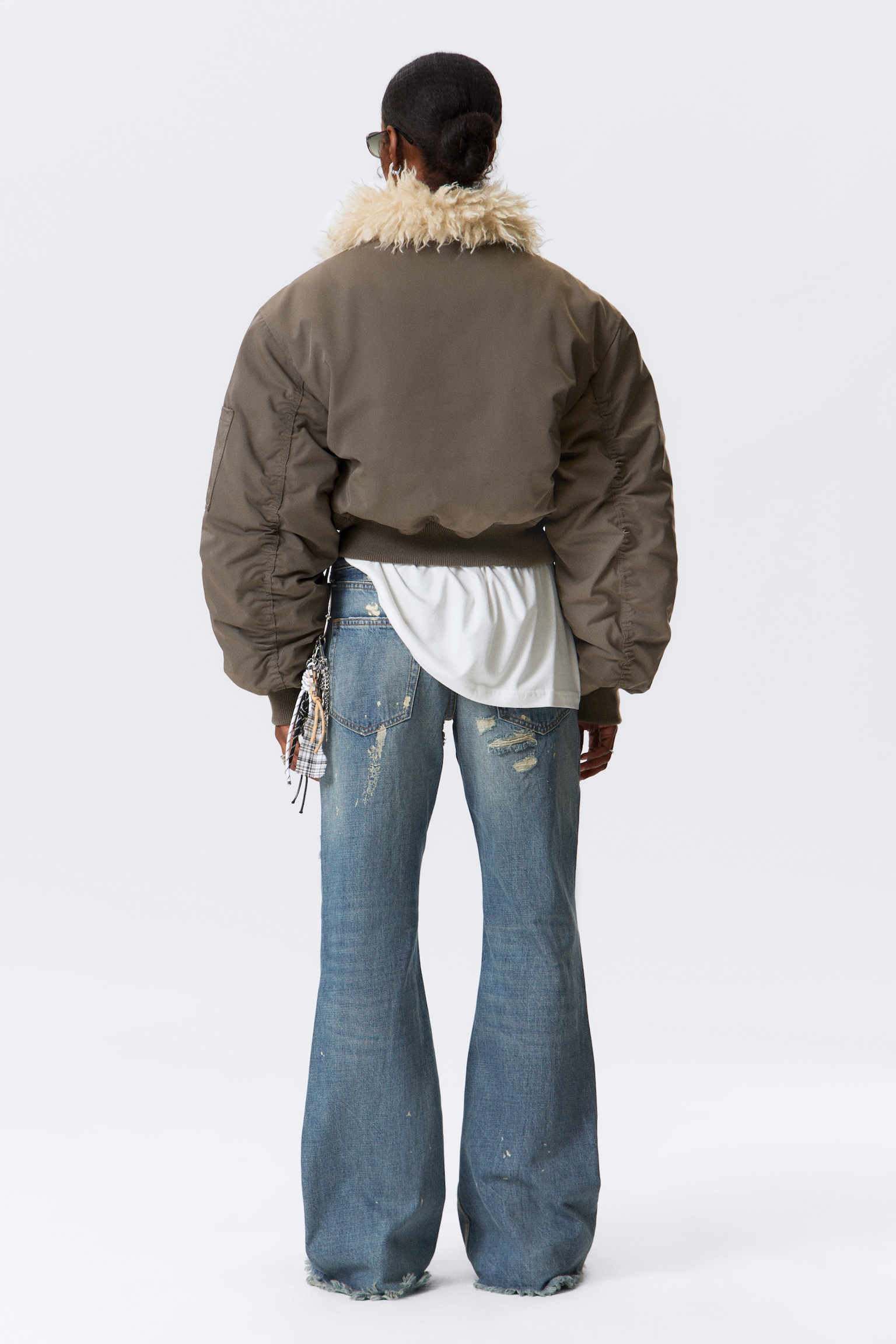 Faux Fur Collar Bomber Jacket - Dark Mole - 6