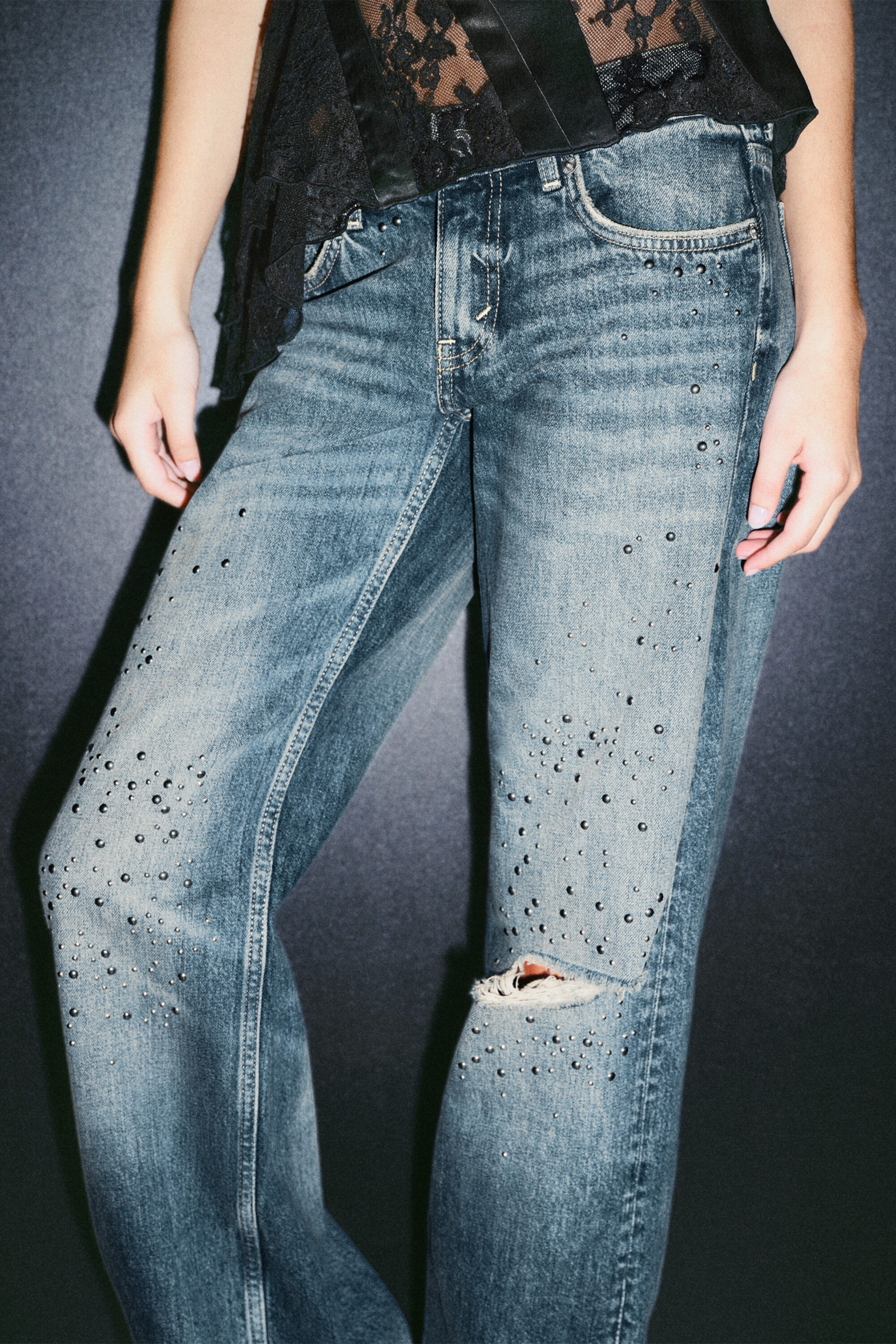 Bleu métallisé - Bleu moyen - JEAN LOOSE WIDE IMOO À TAILLE BASSE ET CLOUS - 1