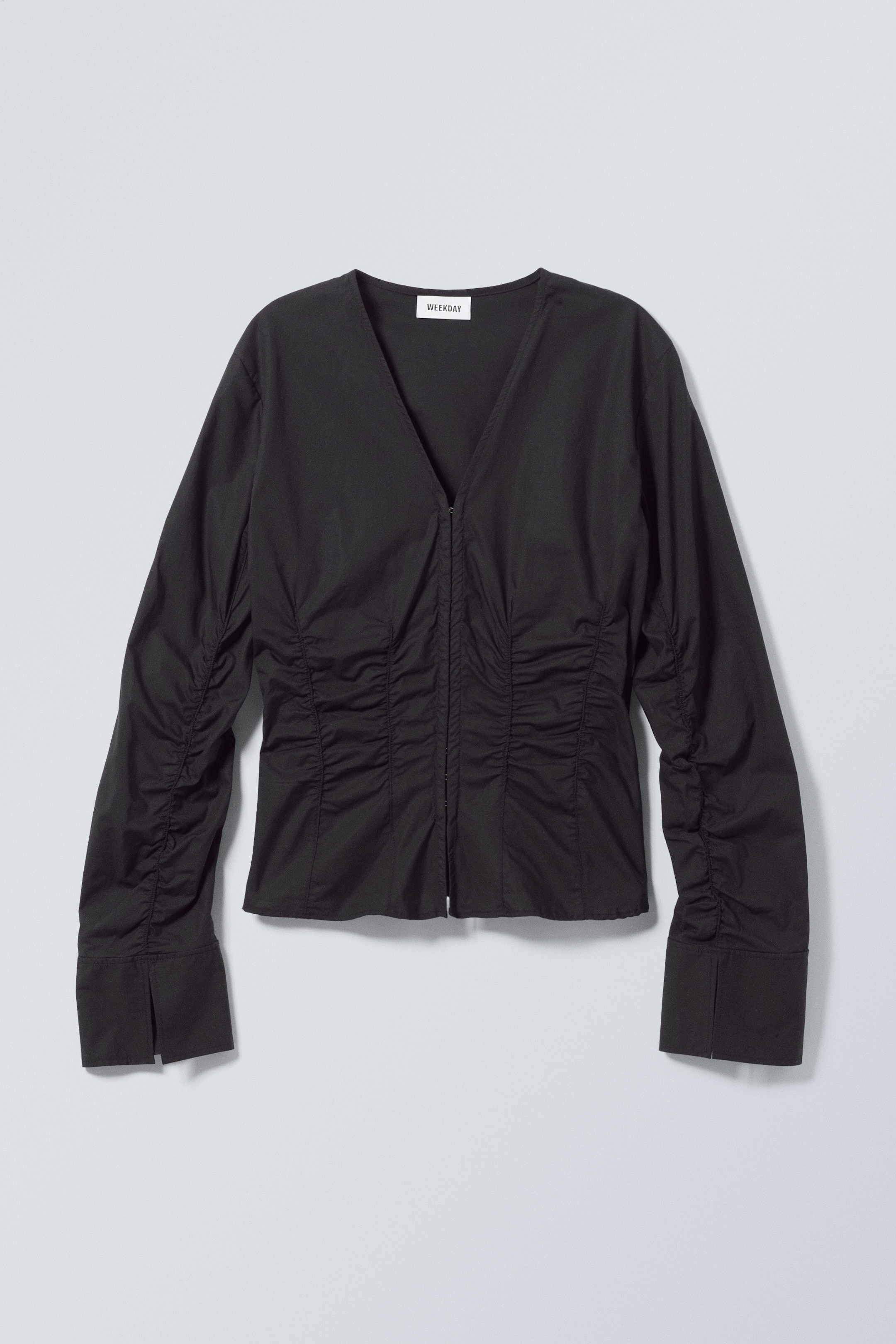 Schwarz - Gerafftes Popeline-Hemd mit V-Ausschnitt - 0