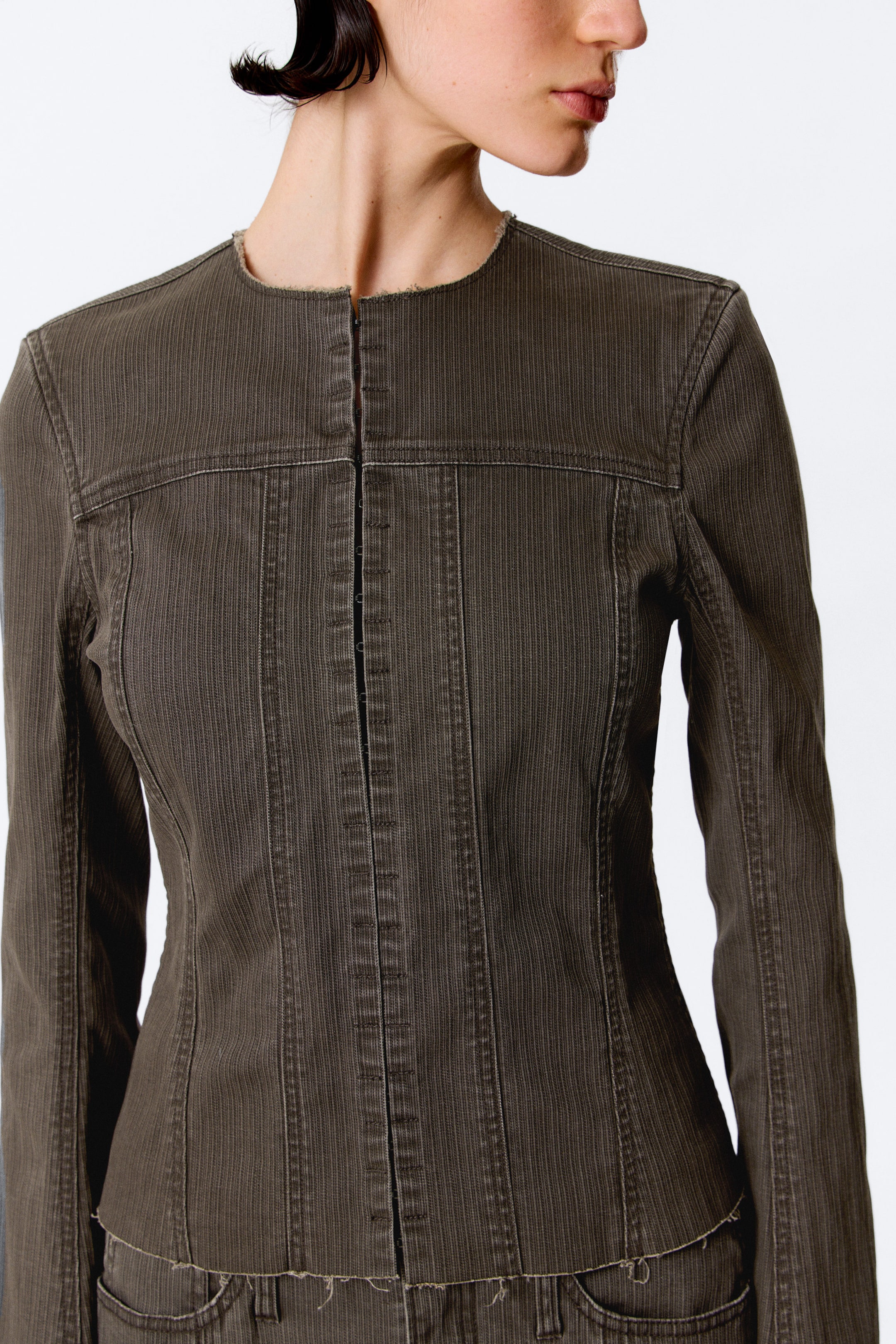 Striped Dark Grey - Lean Frayed Cotton Jacket - 2