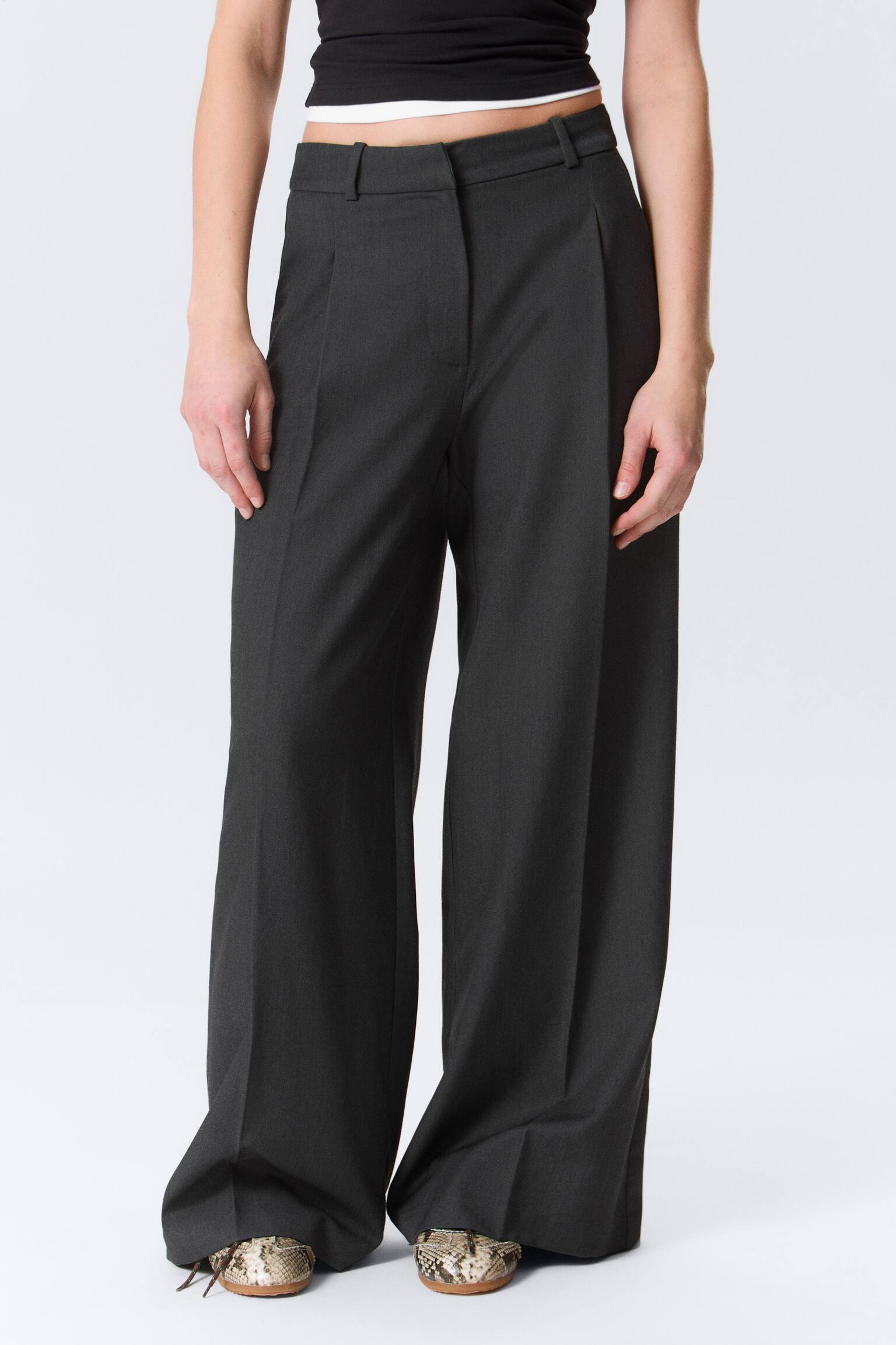 Pantalon de costume large taille haute - Gris foncé chiné/Noir/Gris foncé rayé - 5