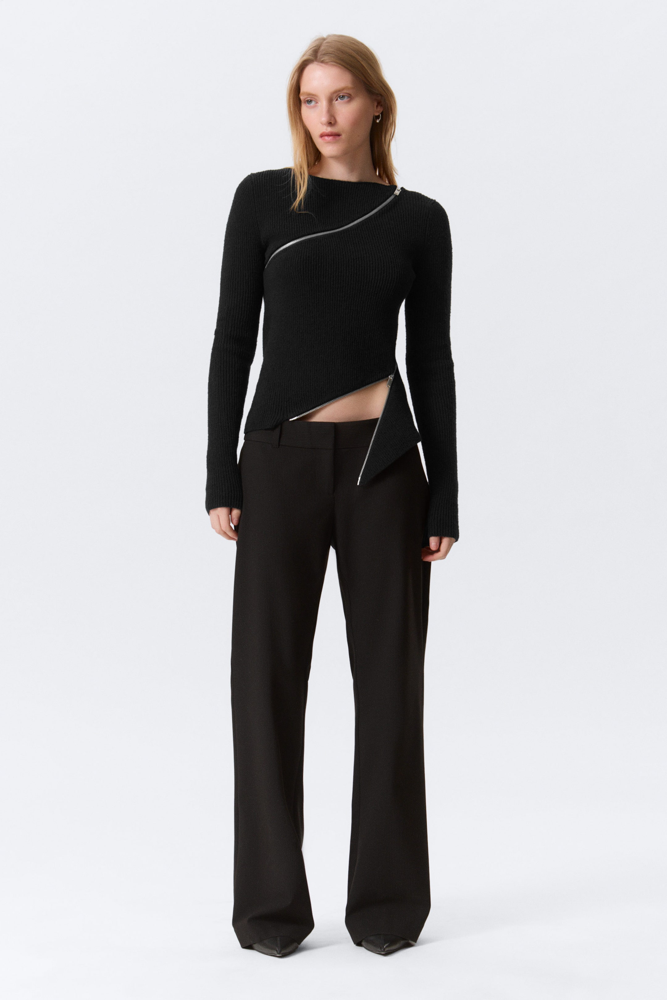 Pinstriped Black - Low-Rise Flared Suiting Trousers - 1
