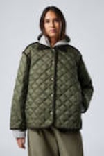 Dark Khaki Green - Oversized Quilted Liner Jacket - 1