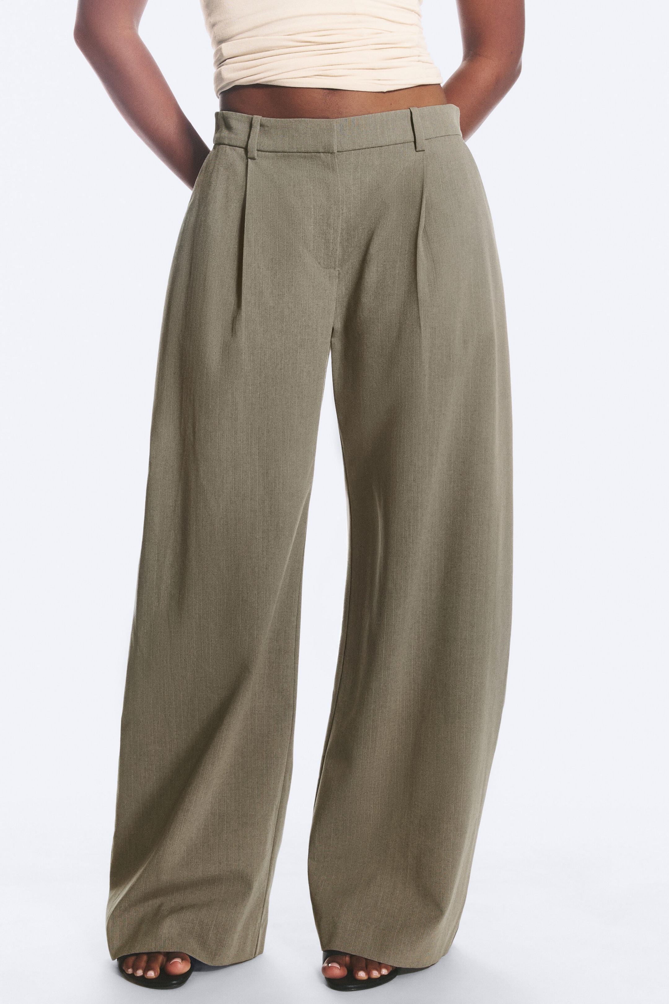 Grey Melange Herrinbone - Low Waist Wide Suiting Trousers - 2