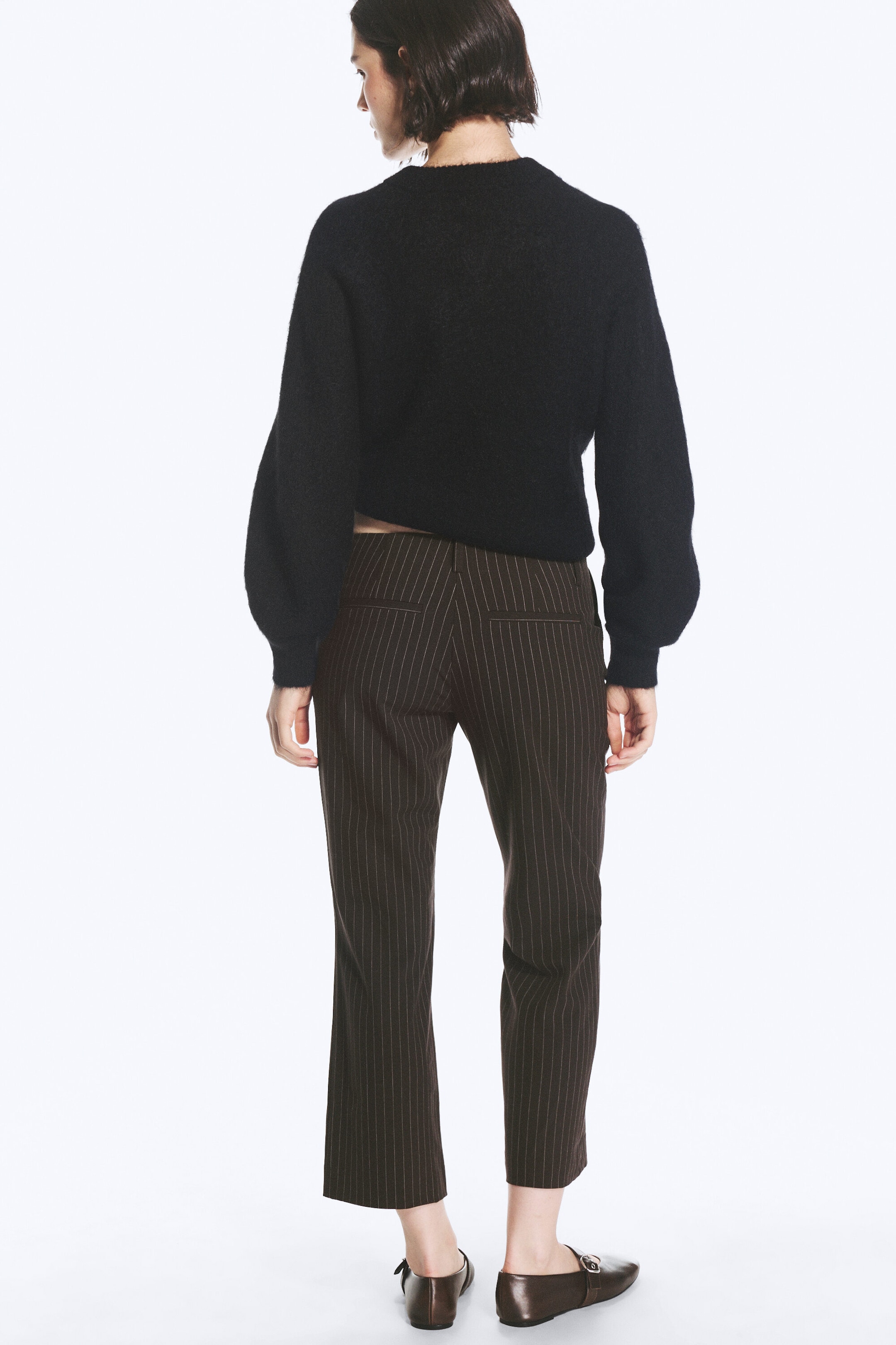 Pinstriped Dark Brown - Low-Rise Cropped Bootcut Suit Trousers - 3