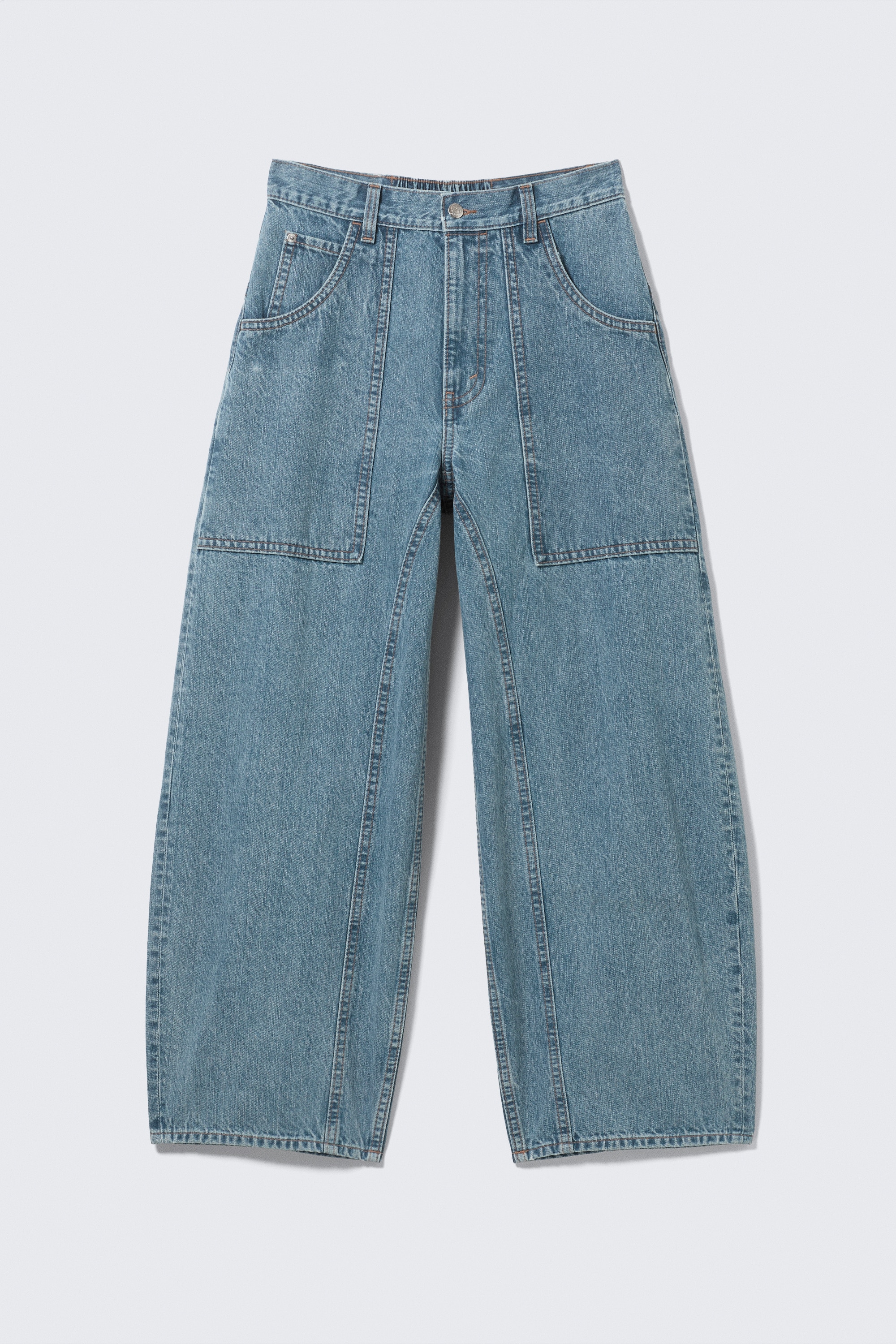 Dunno Unisex Low Rise Loose Barrel Leg Jeans - 02 Blue - Medium Blue/Black Rinse - Black/Cloudy Blue - Medium Blue