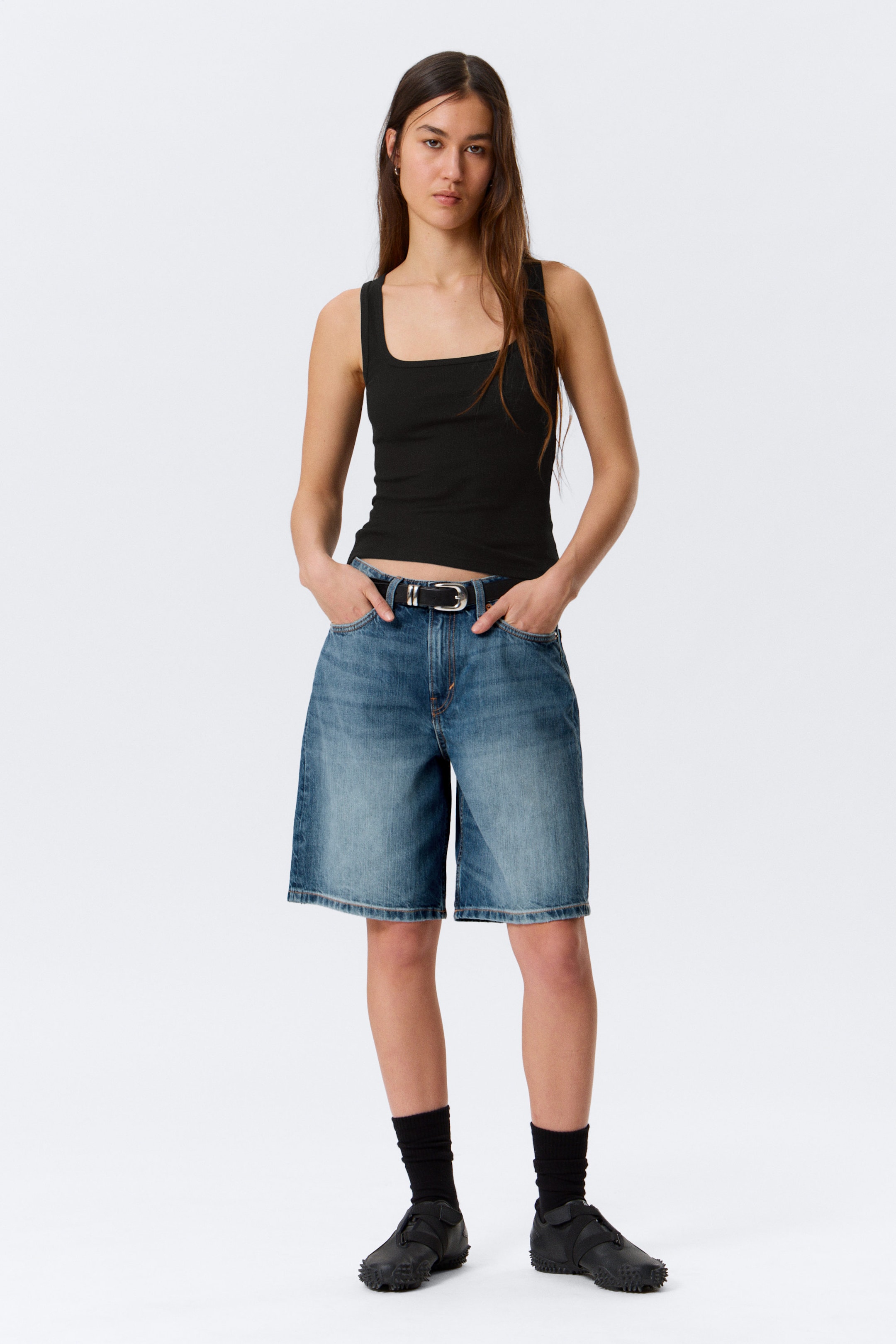 Black - Slim Square Neck Ribbed Tank Top - 2