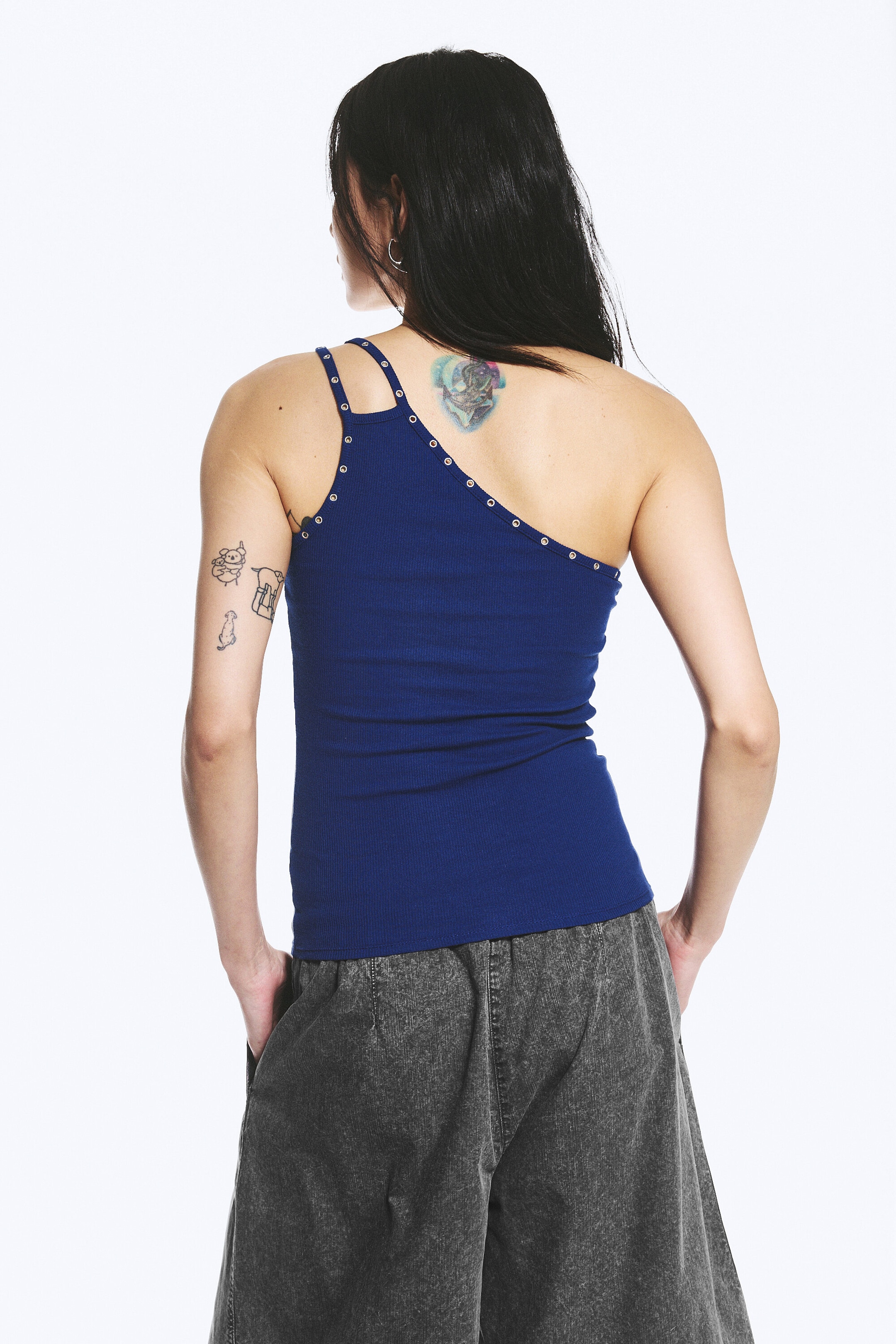 Bright Blue - Eyelet Detail Asymmetric Tank Top - 3