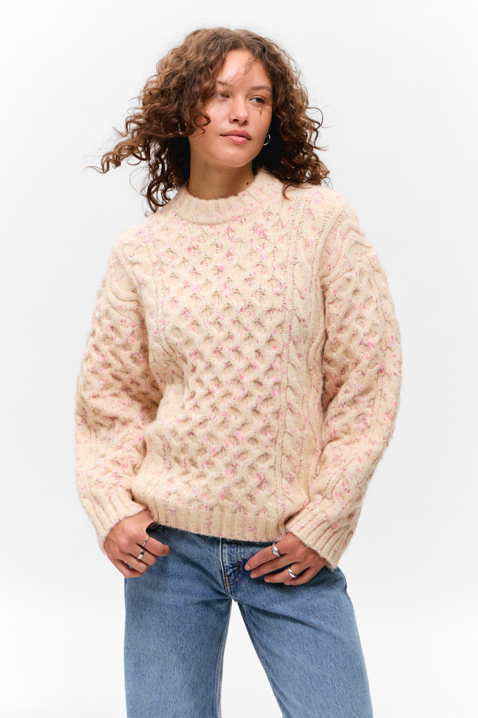 Long Cable Knit Textured Sweater - Beige - Pink Neps/Dark Purple - Pink Neps
