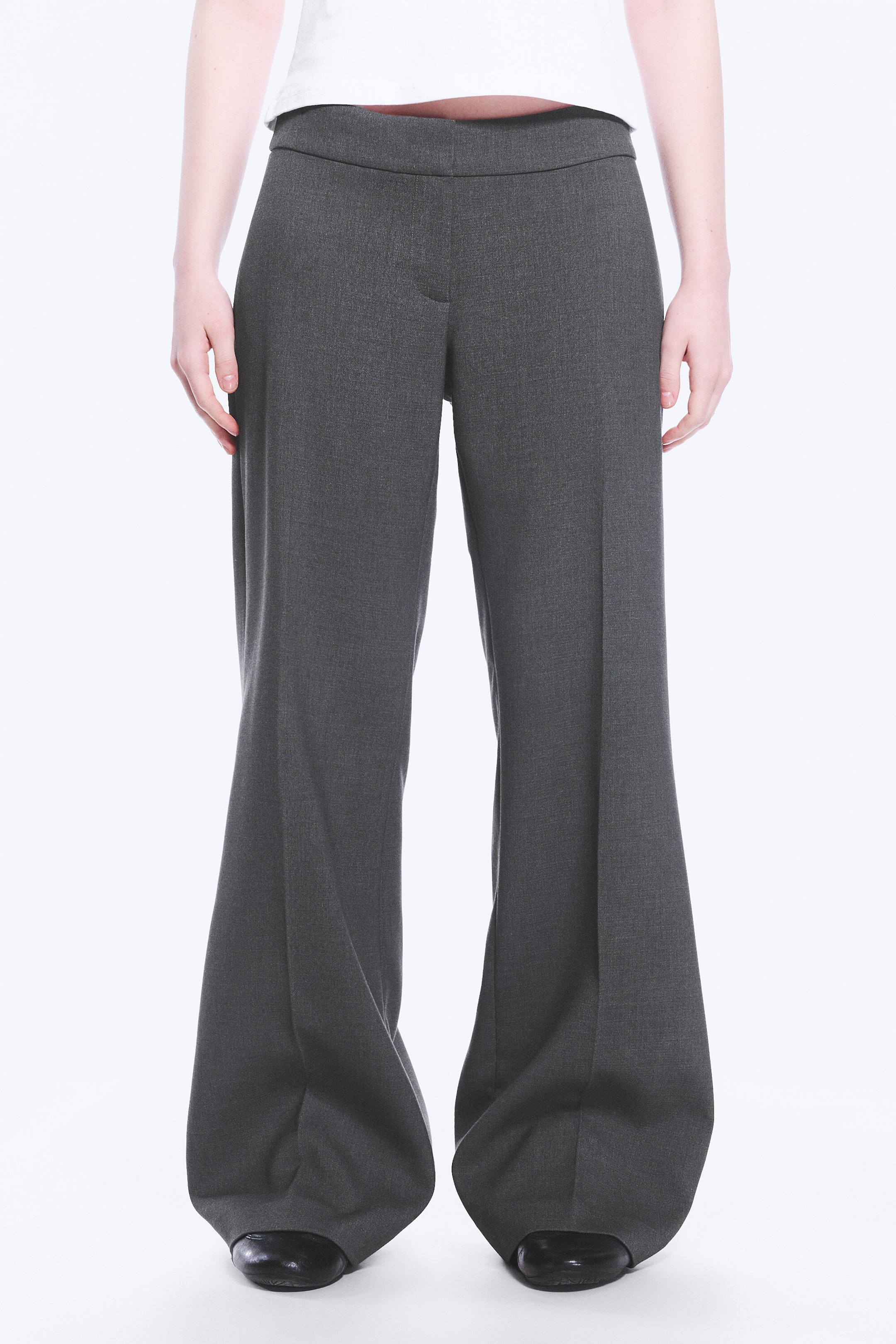 Dark Grey Melange - Mid Rise Flared Suiting Trousers - 2
