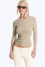 Striped Yellow/Mole - Round Neck Three-Quarter Sleeve Top - 0