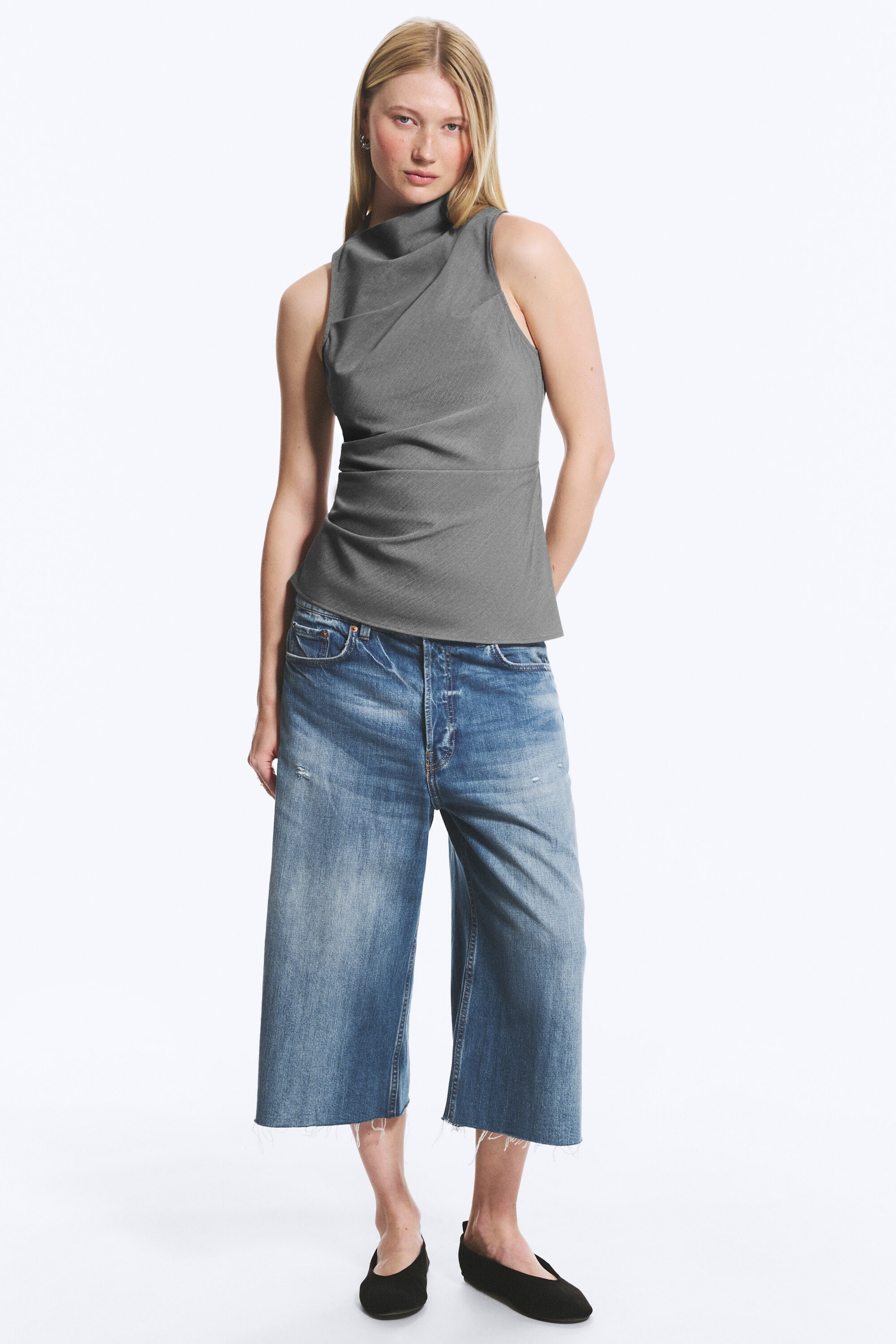Dusty Grey Pinstripe - Asymmetric Sleeveless Suiting Top - 2