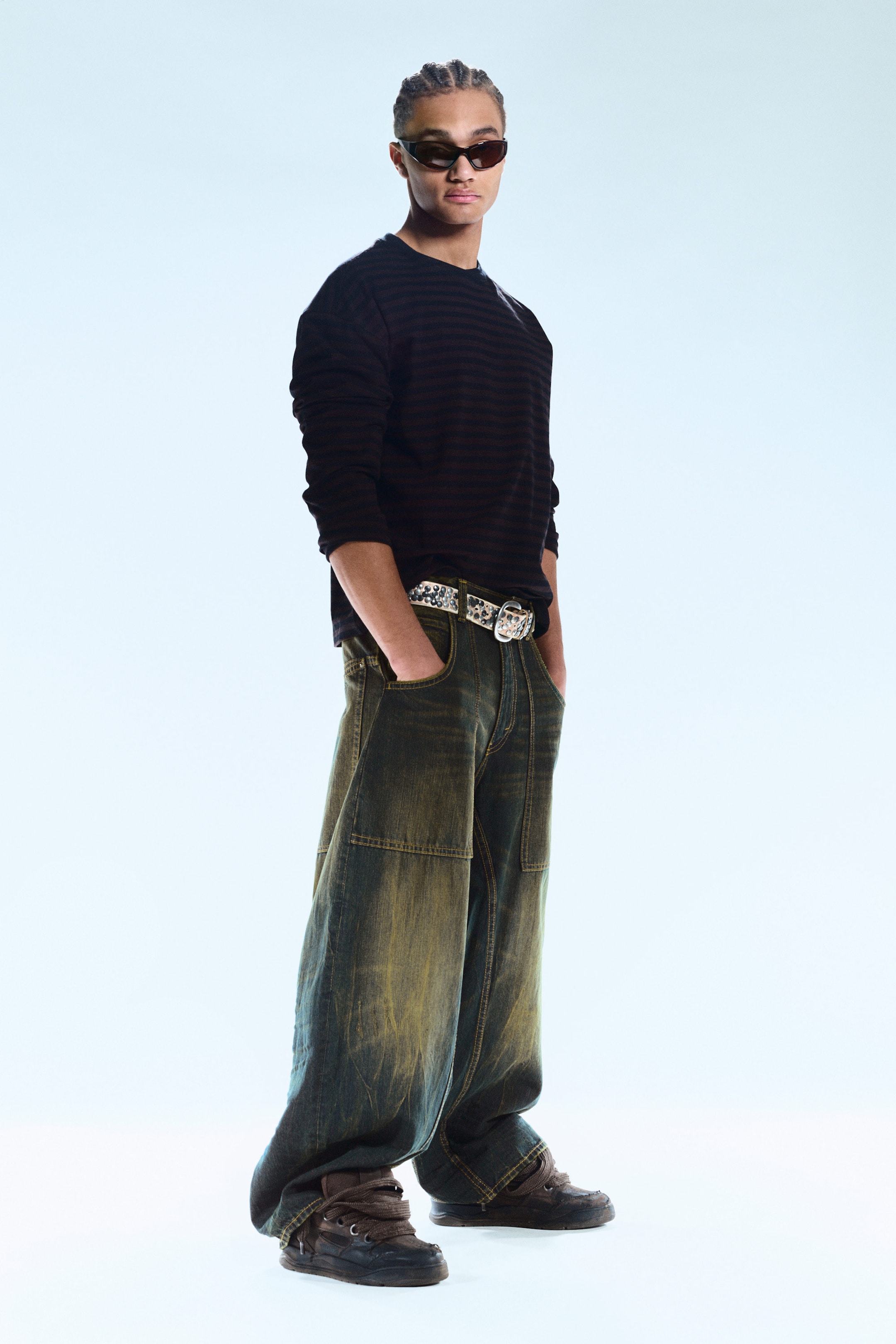 Washed Sulfur - Dark Khaki - Dunno Unisex Low Rise Loose Barrel Leg Jeans - 2