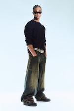 Washed Sulfur - Dark Khaki - Dunno Unisex Low Rise Loose Barrel Leg Jeans - 2