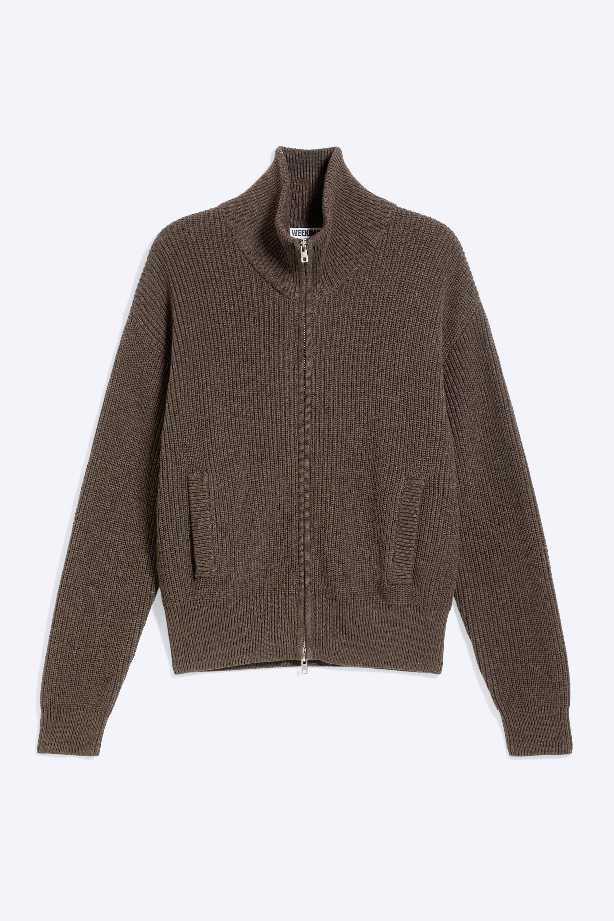 Entspannte Zip-Strickjacke mit hohem Kragen - Braun meliert/Helles Staubgrau/Schwarz