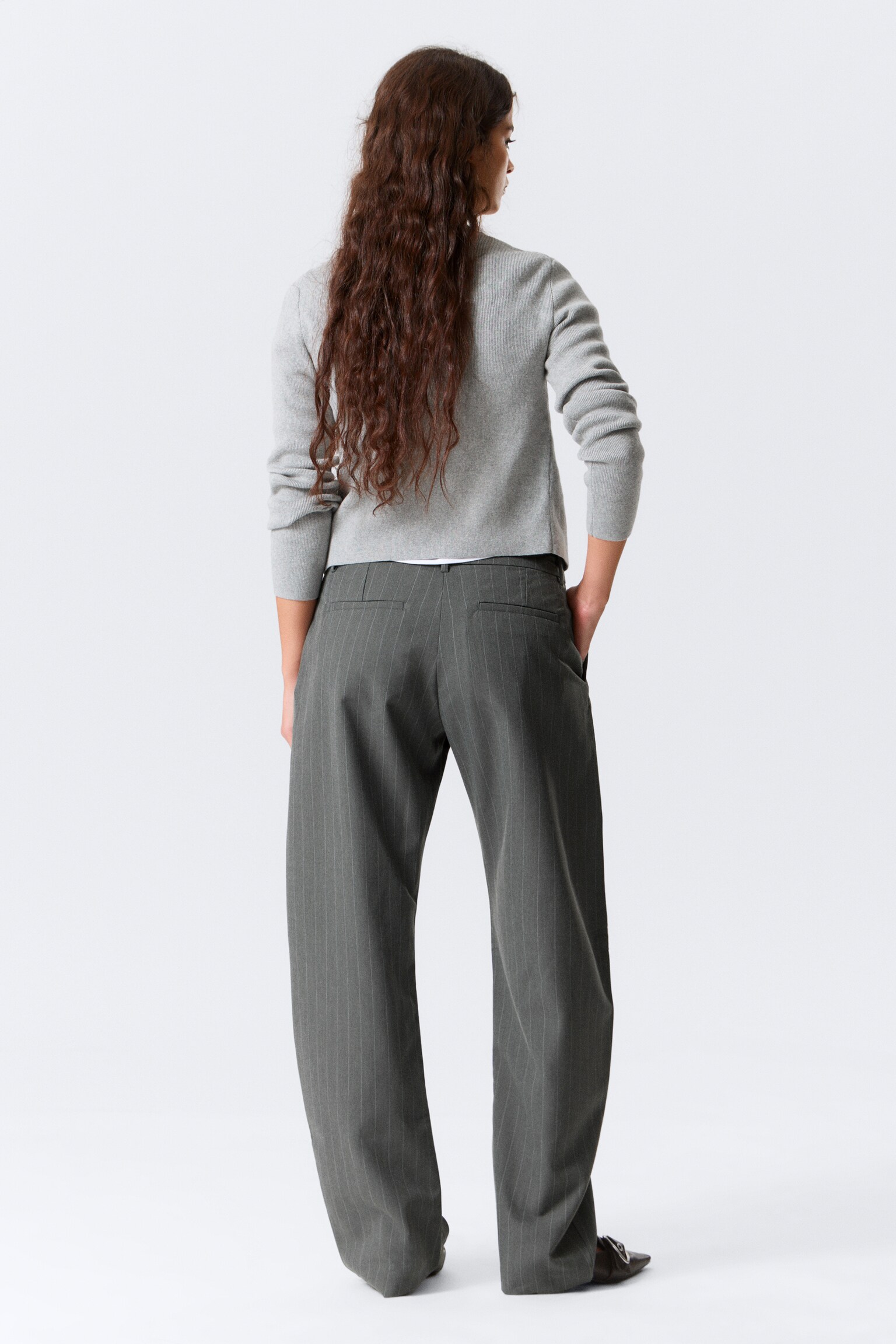 Loose Fit Barrel Leg Suiting Trousers - Striped Dark Grey Melange/Black - 3