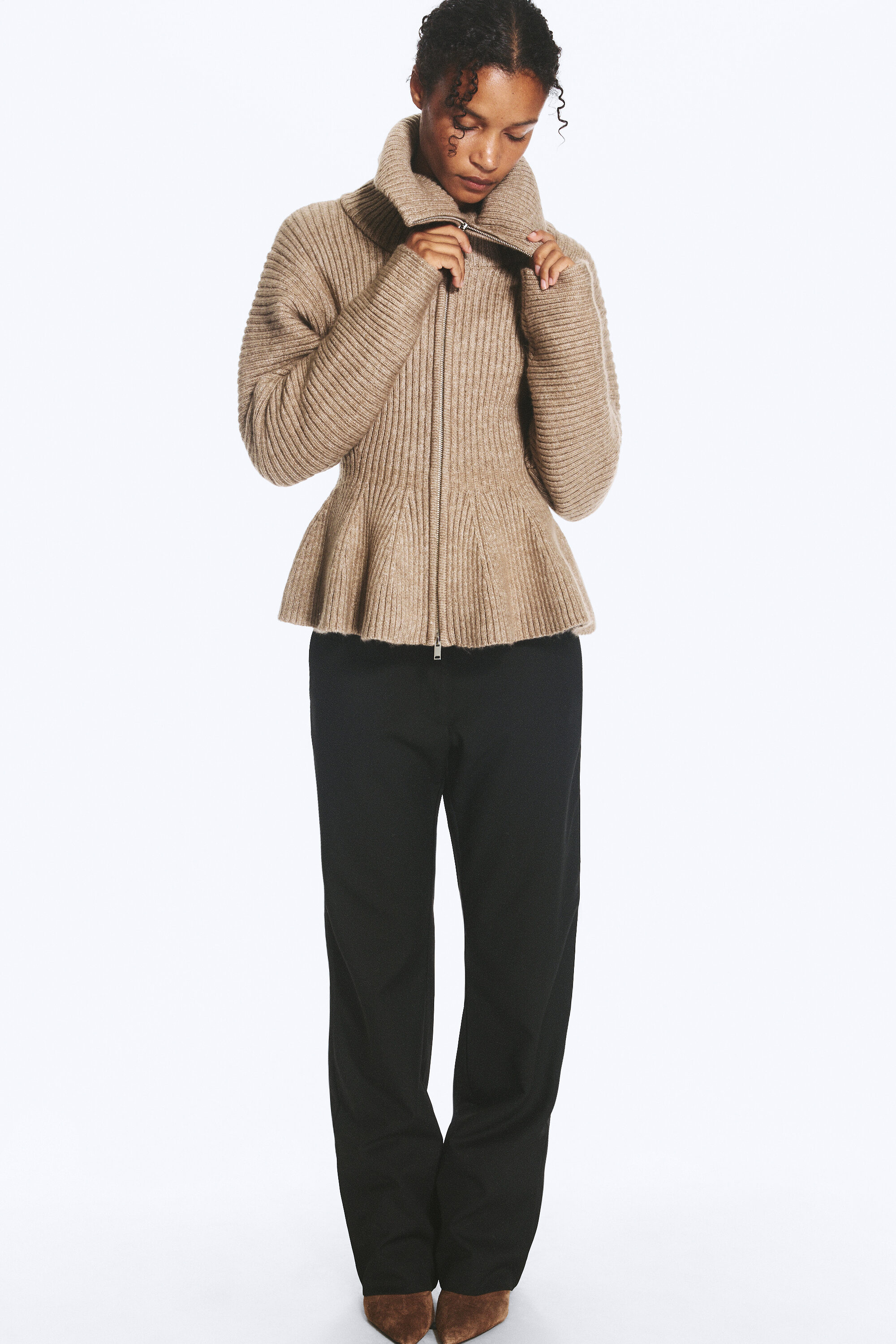 rib knit peplum zip sweater - Dusty Mole | Monki WW