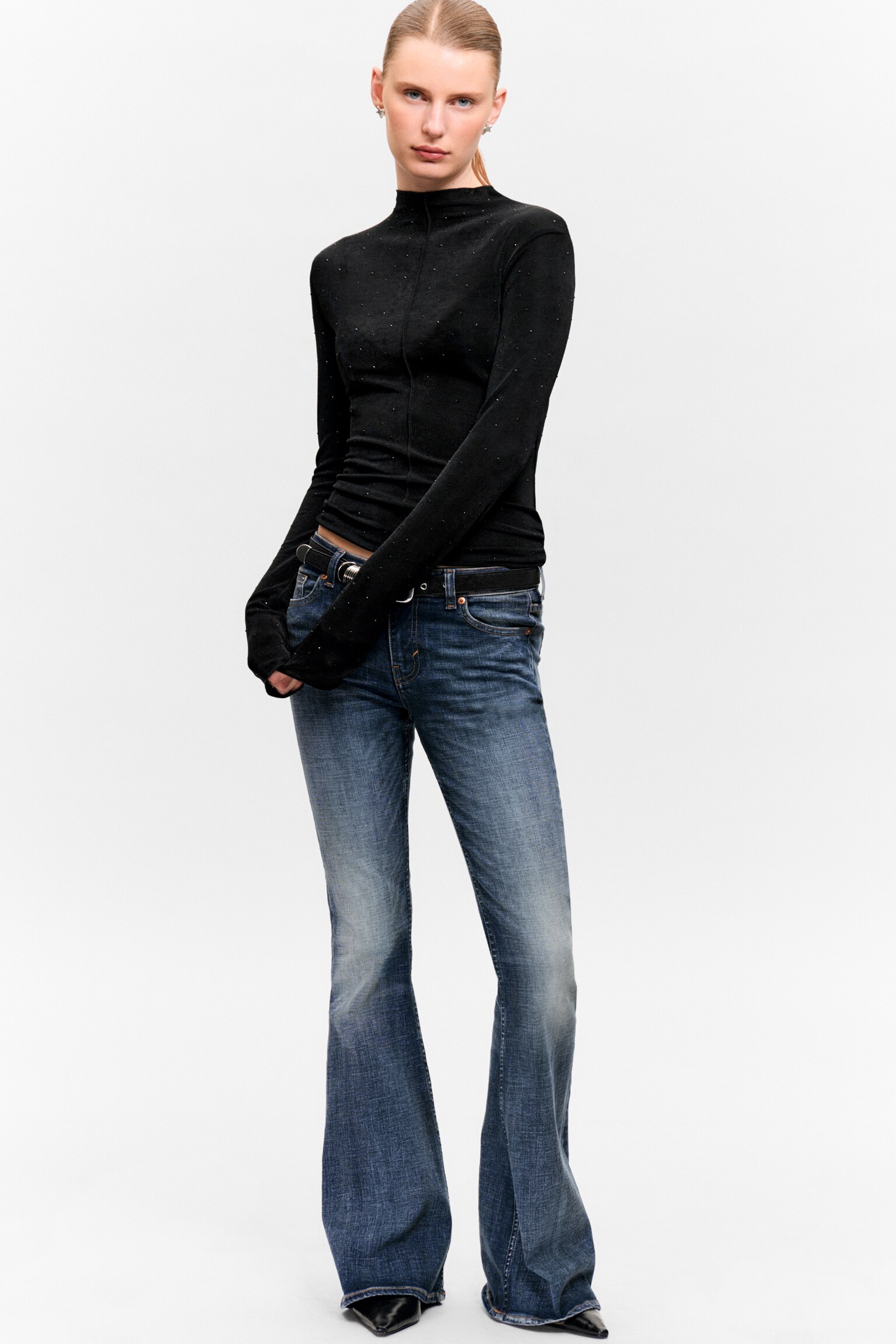 Long-Sleeved Rhinestone Mock-Neck Top - Black - Rhinestones - 3