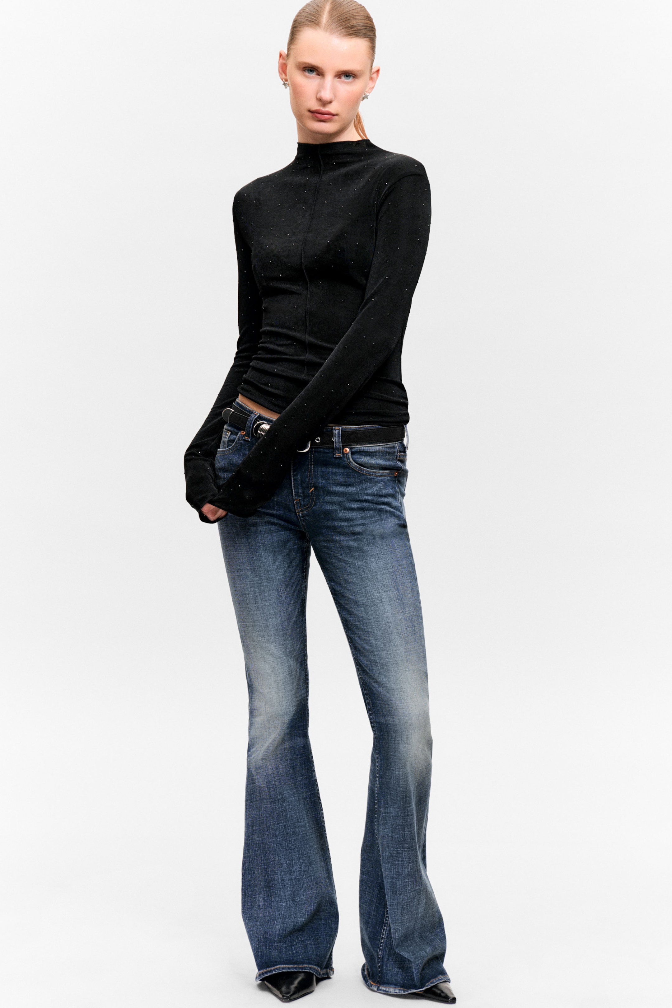 Black - Rhinestones - Long-Sleeved Rhinestone Mock-Neck Top - 2