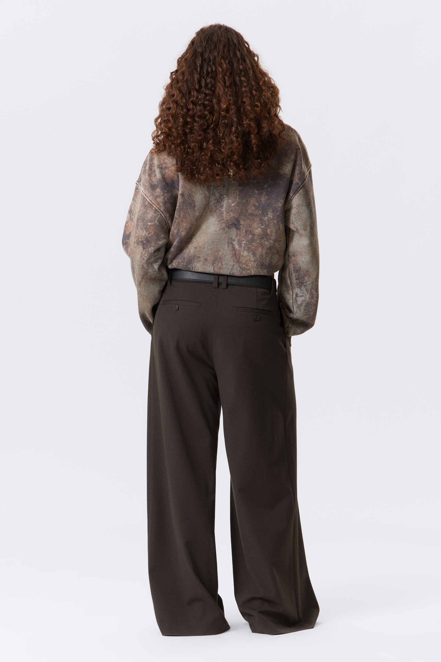 Low Rise Wide Leg Pleated Suiting Trousers - Dark Brown/Dark Grey Melange - 4
