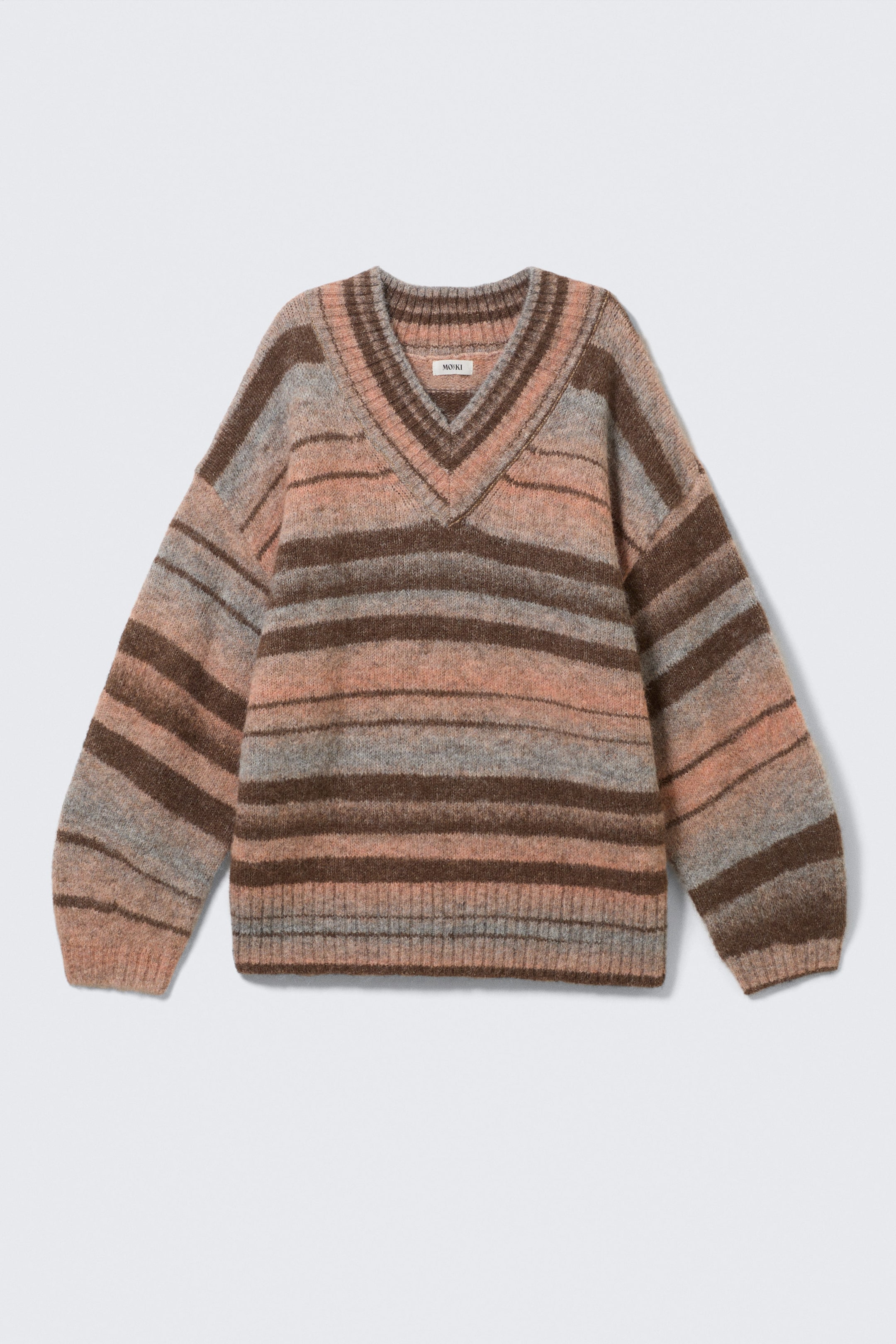 Brown & Orange Stripe - Oversized Knitted V-neck Sweater - 3