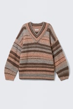 Brown & Orange Stripe - Oversized Knitted V-neck Sweater - 3