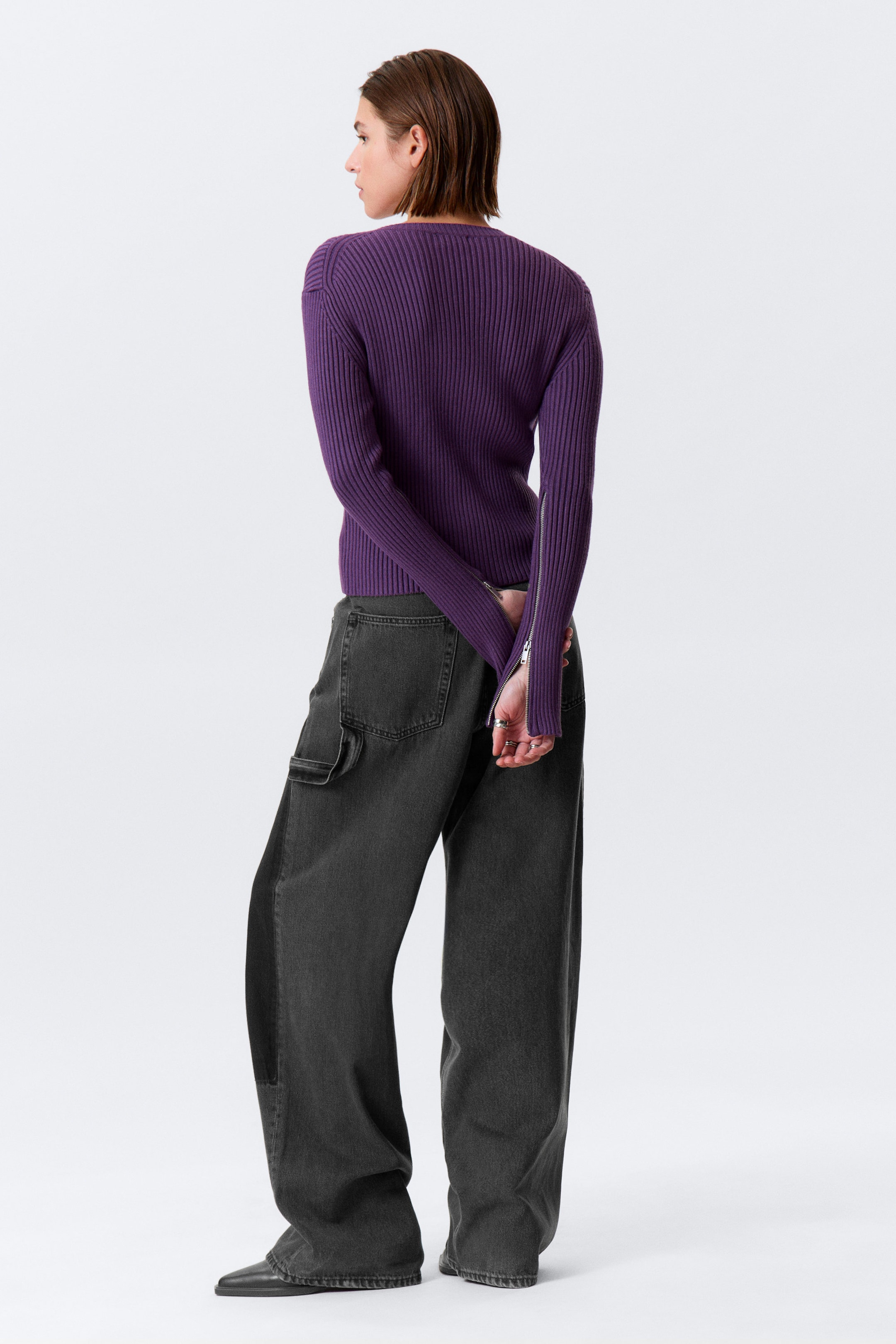 Dark Purple - Ribbed Fitted Zip Cardigan - 3