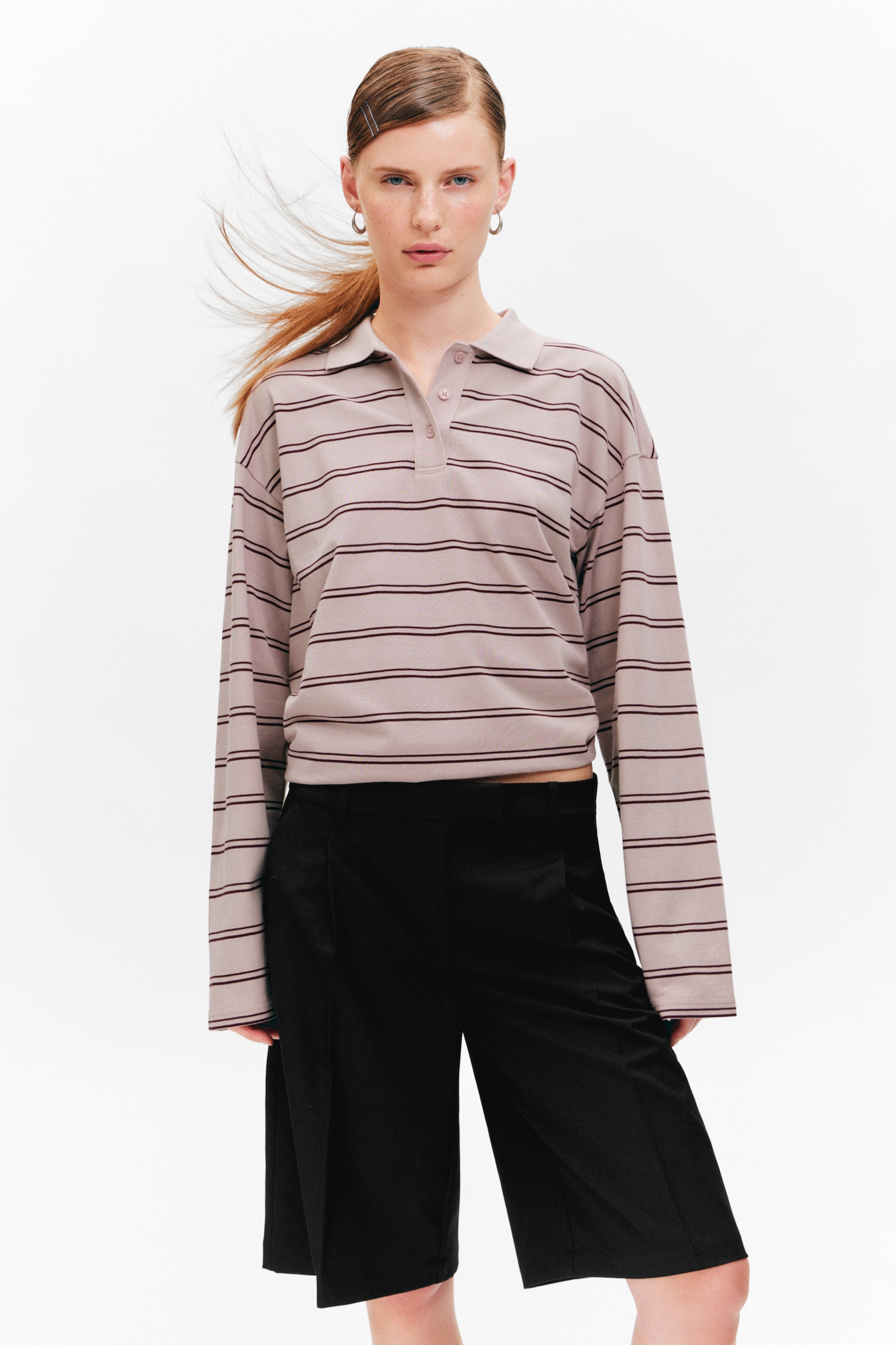 Long-Sleeved Cotton Polo Top - Striped Light Pink/White - Black Dots - 3