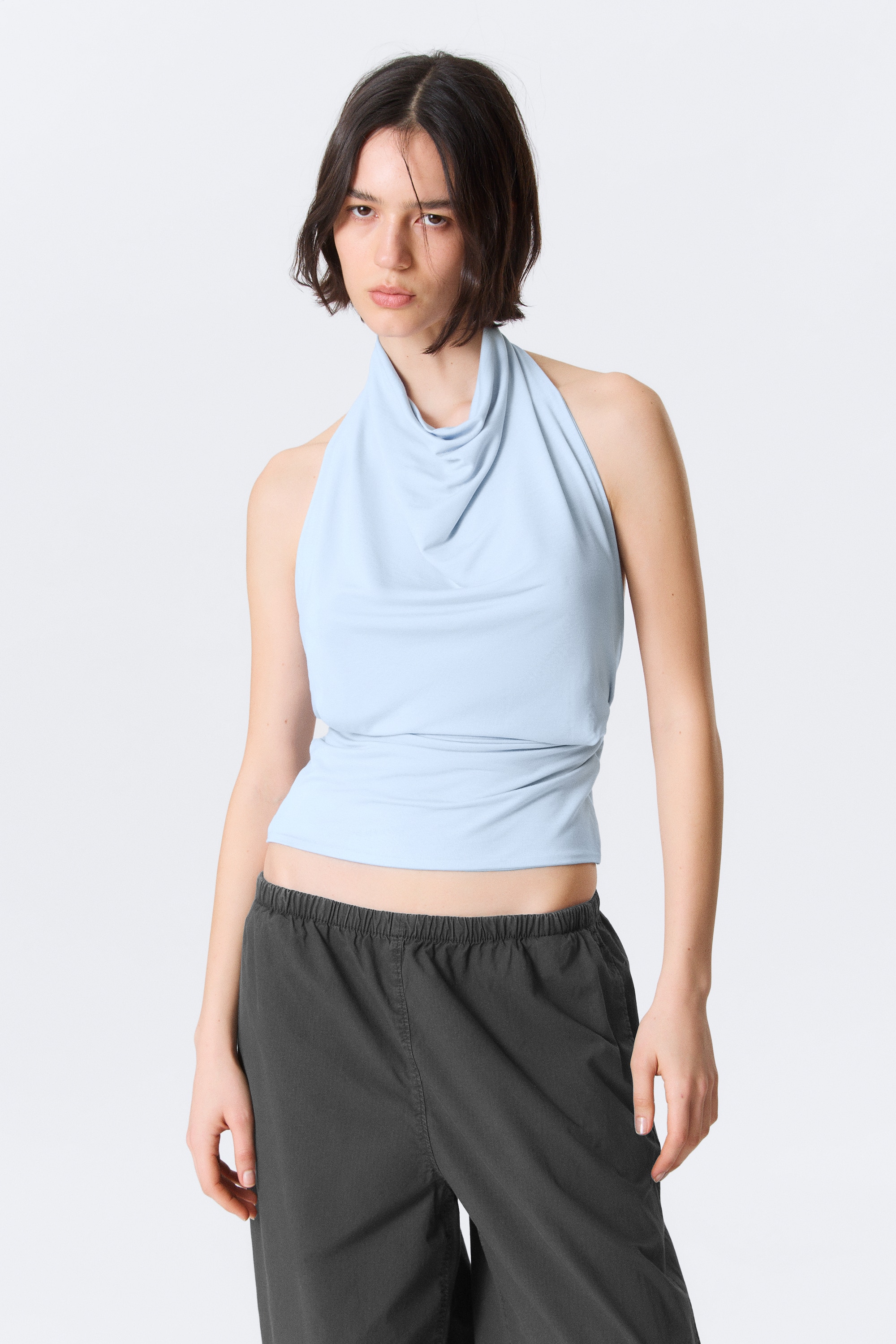 Draped Halter Top - Light Blue/Black