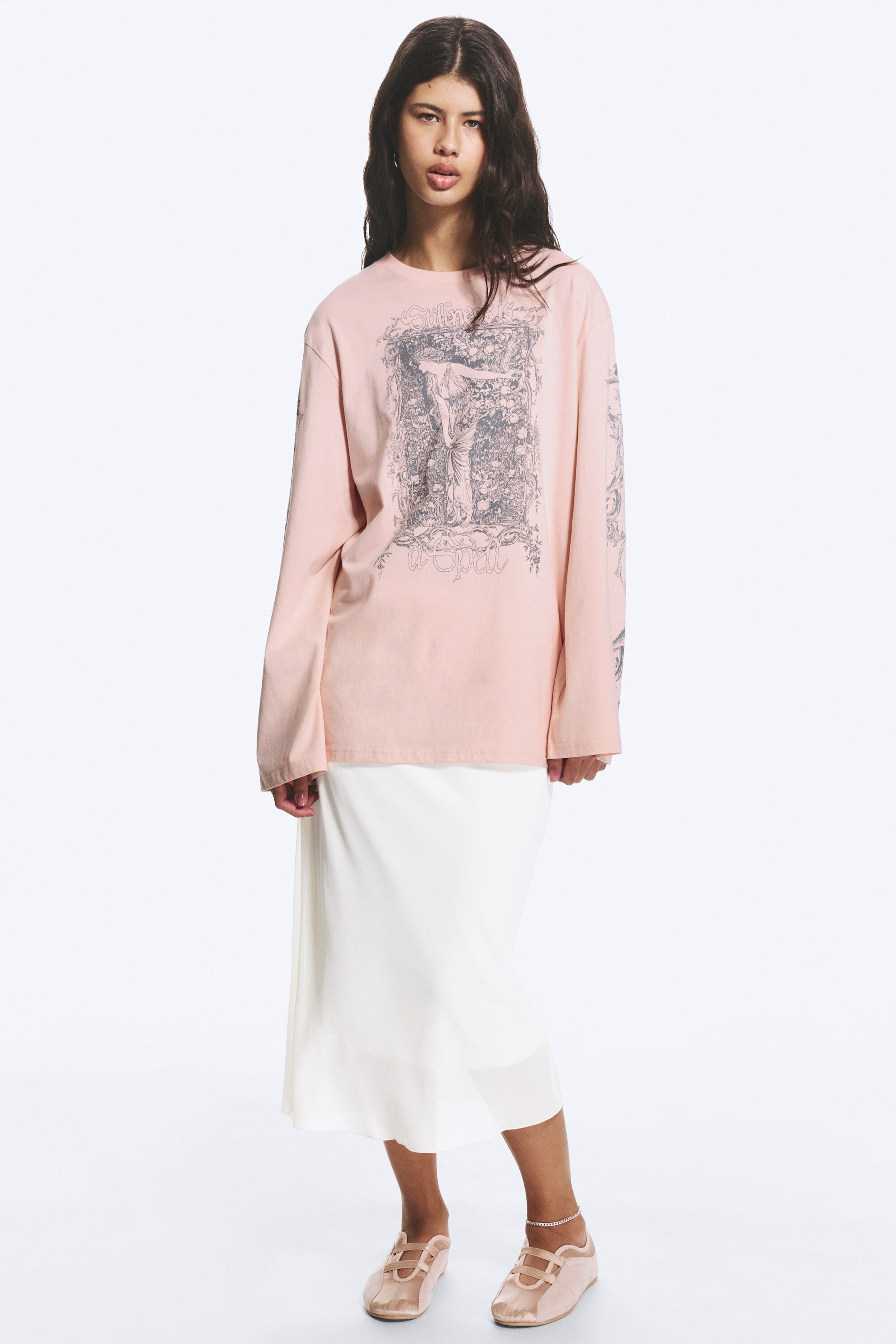 Printed Light Pink - Printed Long-Sleeved Cotton T-shirt - 1
