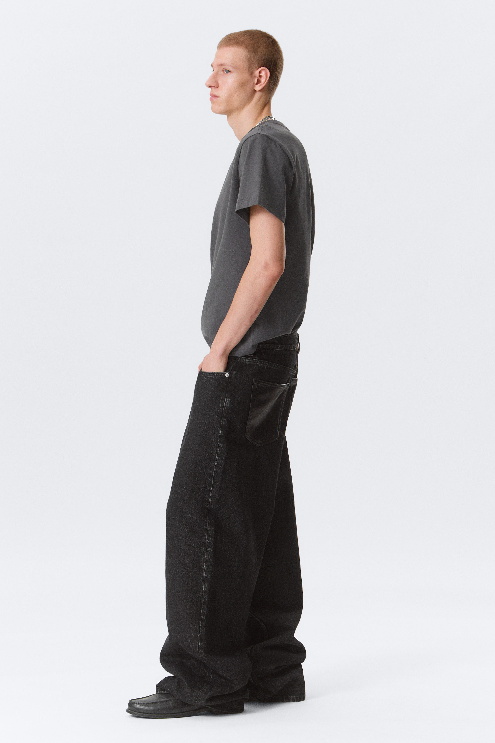 astro mid rise baggy faux leather pocket jeans - Black Rinse