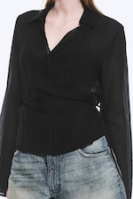 Transparent Black - Textured Long-Sleeved Wrap Shirt - 2